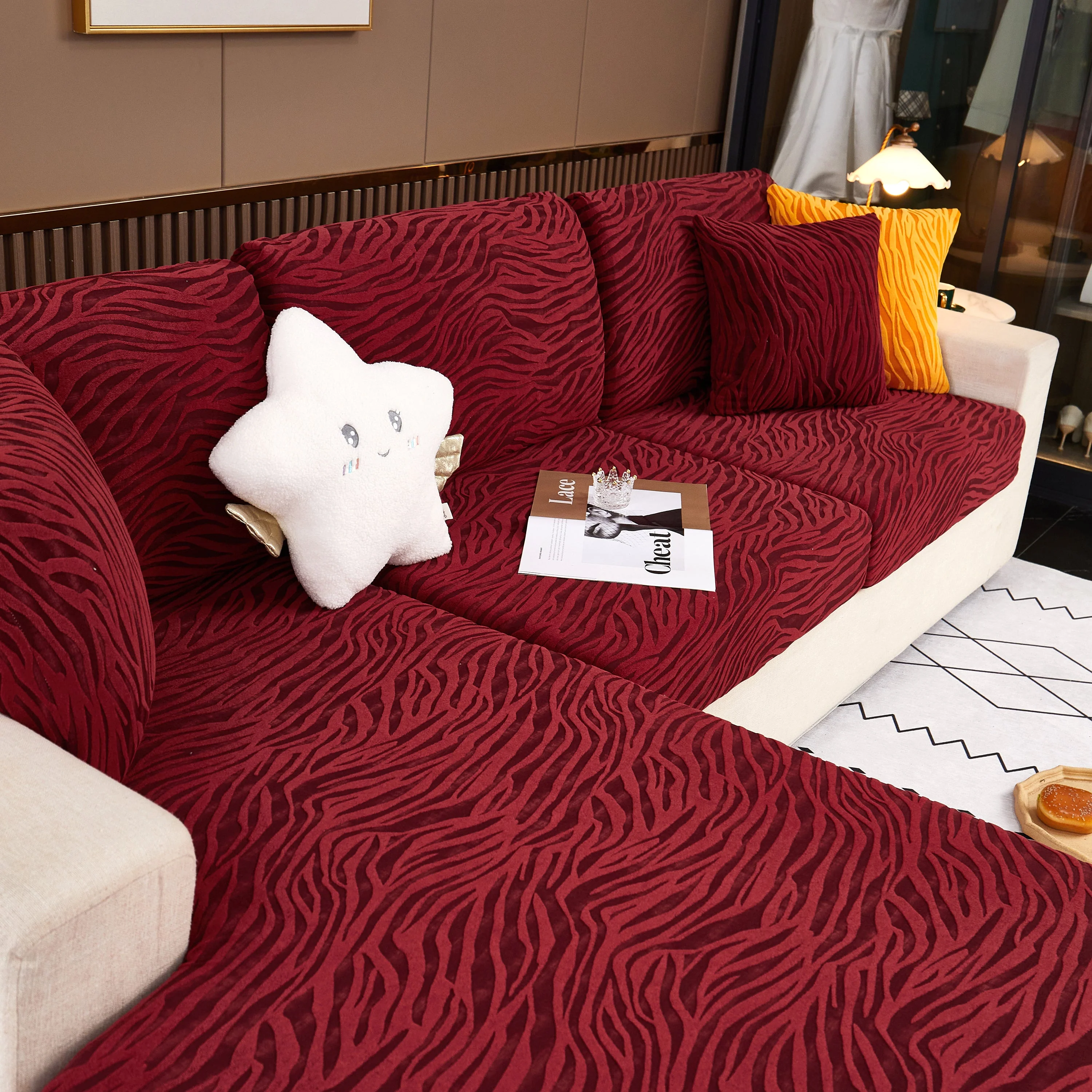 Striped Jacquard Fleece Furniture Covers Stretchable Non-Slip Cushion Covers for L-Shaped Couch, Pets - Image 11