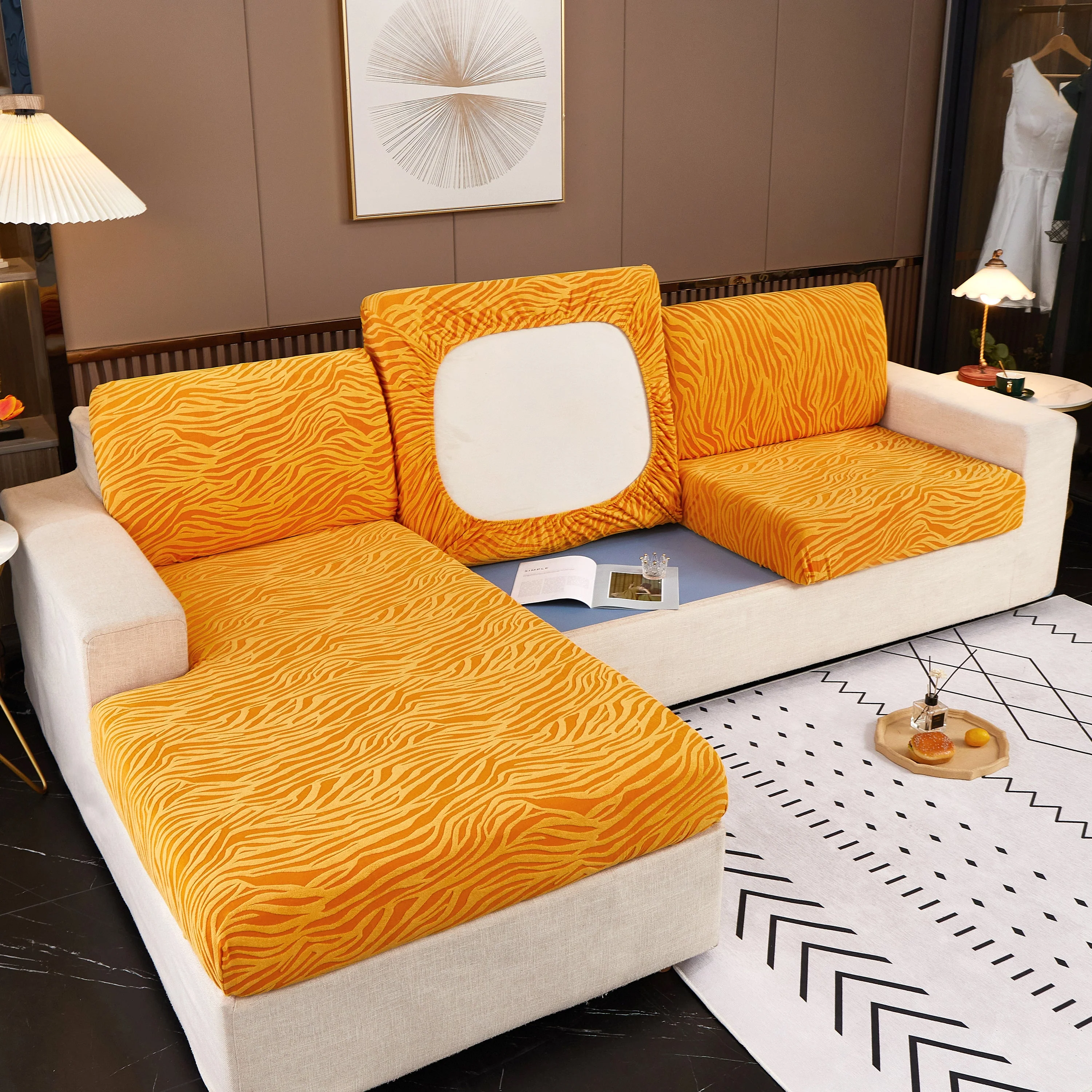 Striped Jacquard Fleece Furniture Covers Stretchable Non-Slip Cushion Covers for L-Shaped Couch, Pets - Image 12