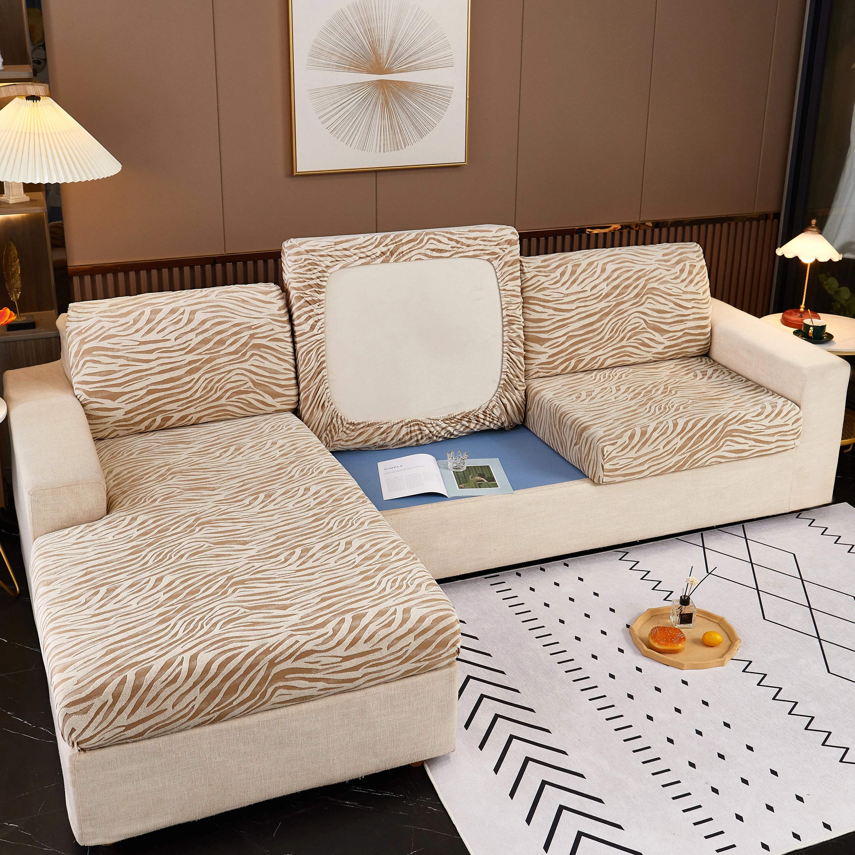 Striped Jacquard Fleece Furniture Covers Stretchable Non-Slip Cushion Covers for L-Shaped Couch, Pets - Image 13