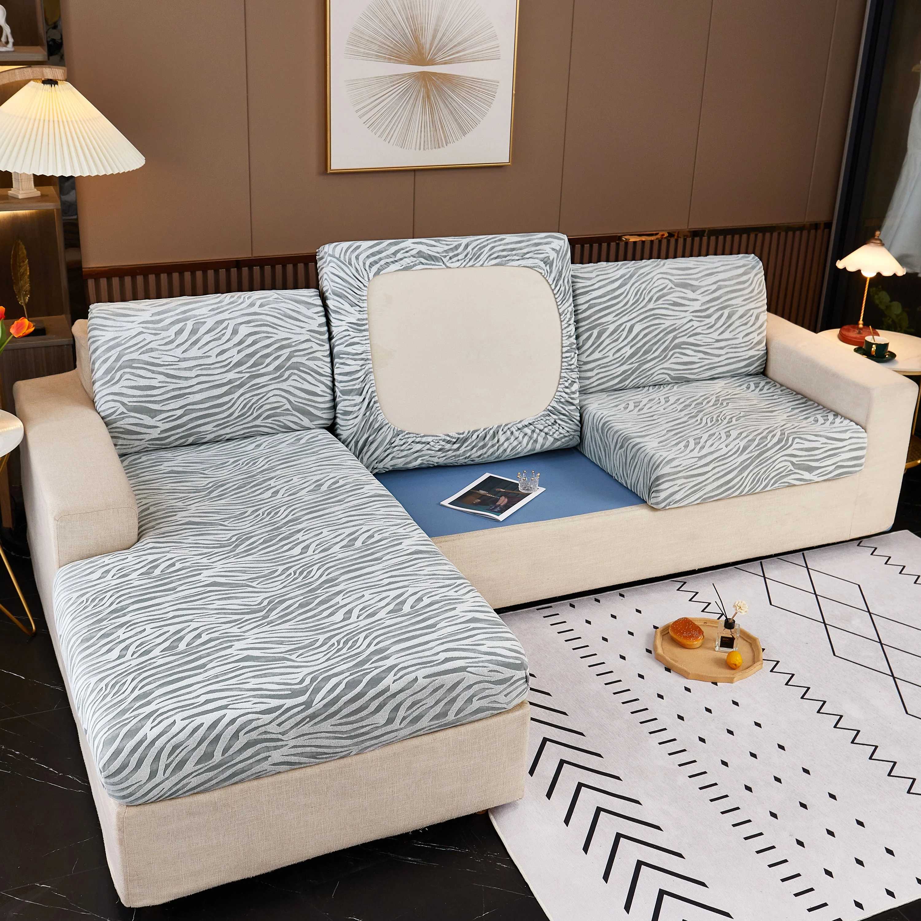 Striped Jacquard Fleece Furniture Covers Stretchable Non-Slip Cushion Covers for L-Shaped Couch, Pets - Image 14