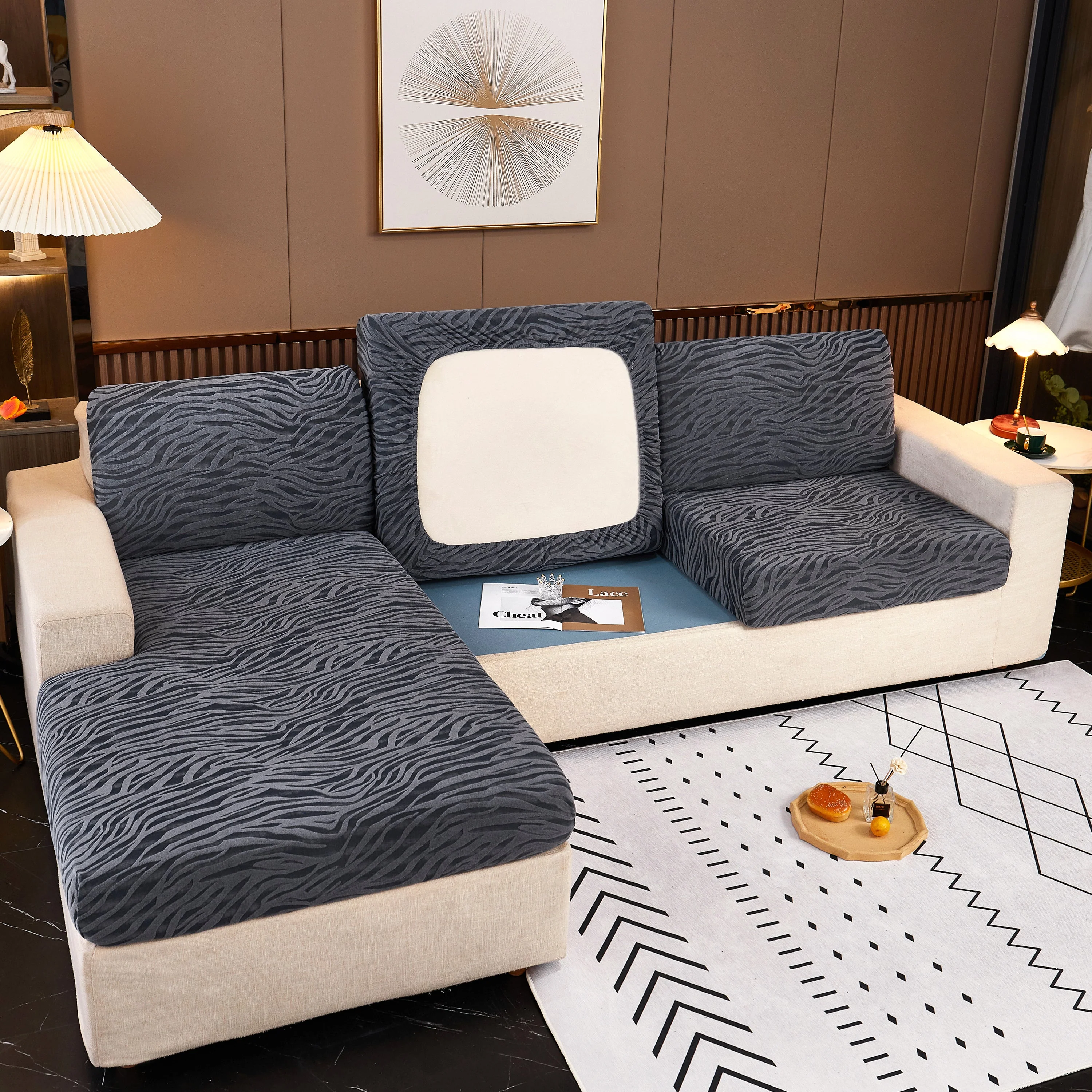 Striped Jacquard Fleece Furniture Covers Stretchable Non-Slip Cushion Covers for L-Shaped Couch, Pets - Image 15