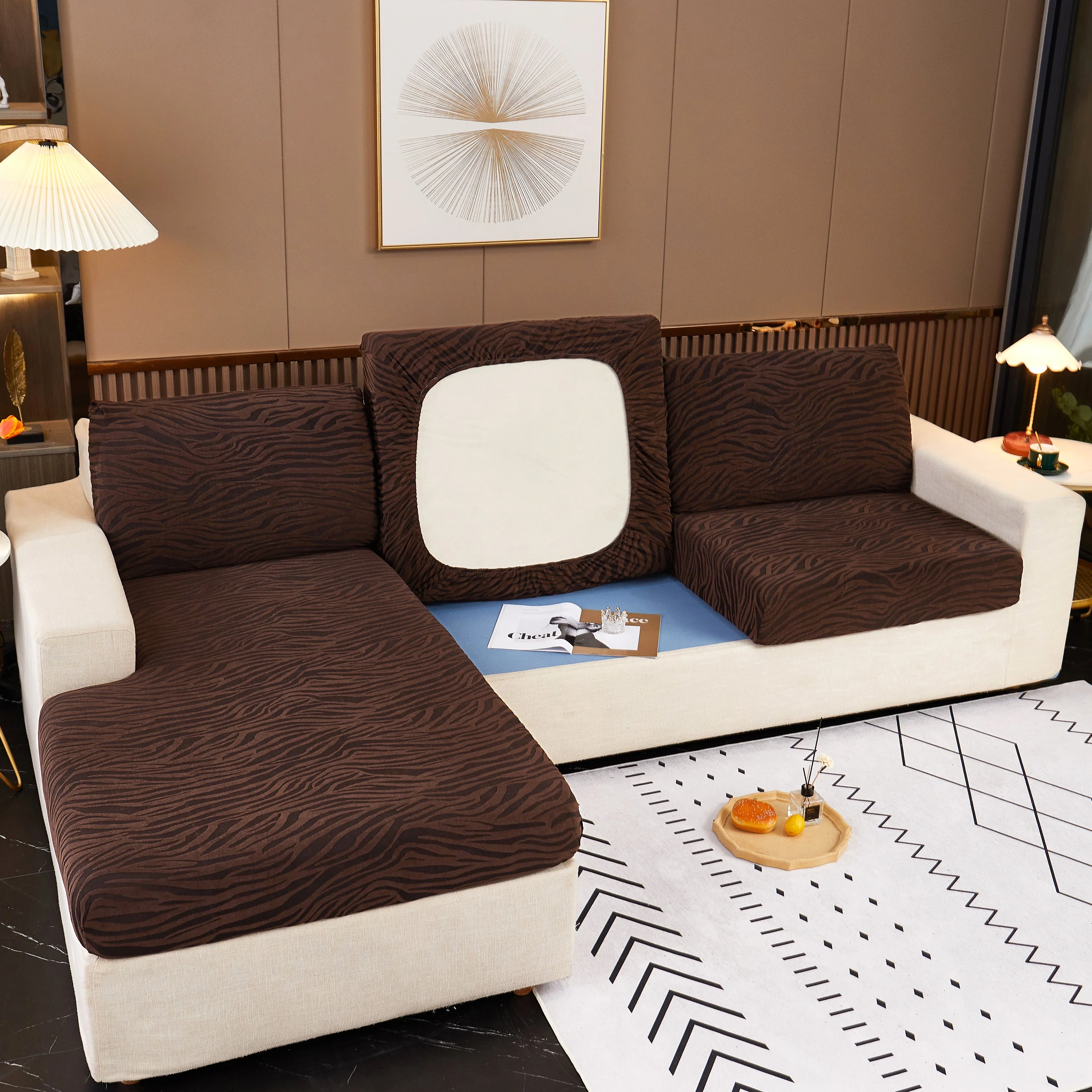 Striped Jacquard Fleece Furniture Covers Stretchable Non-Slip Cushion Covers for L-Shaped Couch, Pets - Image 17