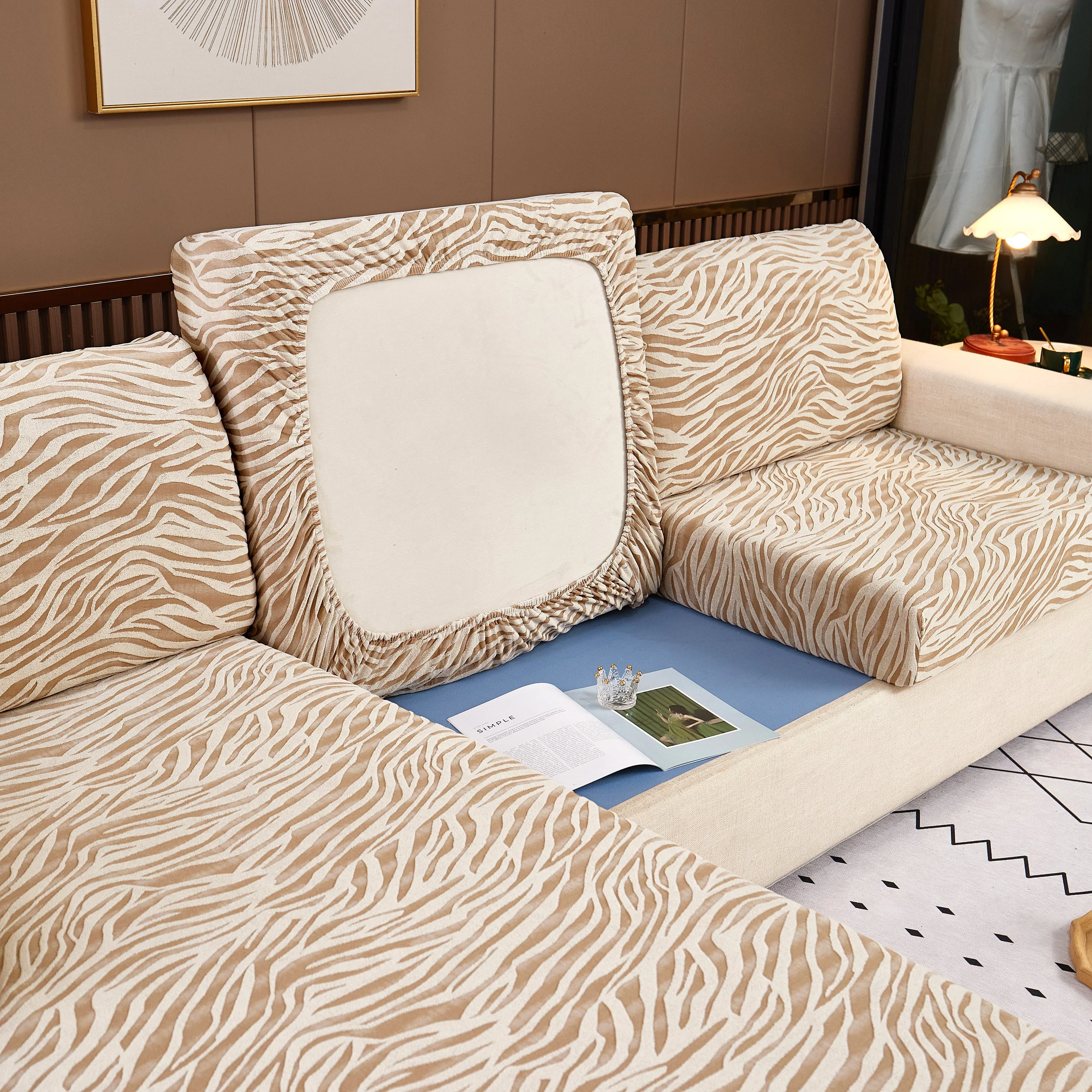Striped Jacquard Fleece Furniture Covers Stretchable Non-Slip Cushion Covers for L-Shaped Couch, Pets - Image 18