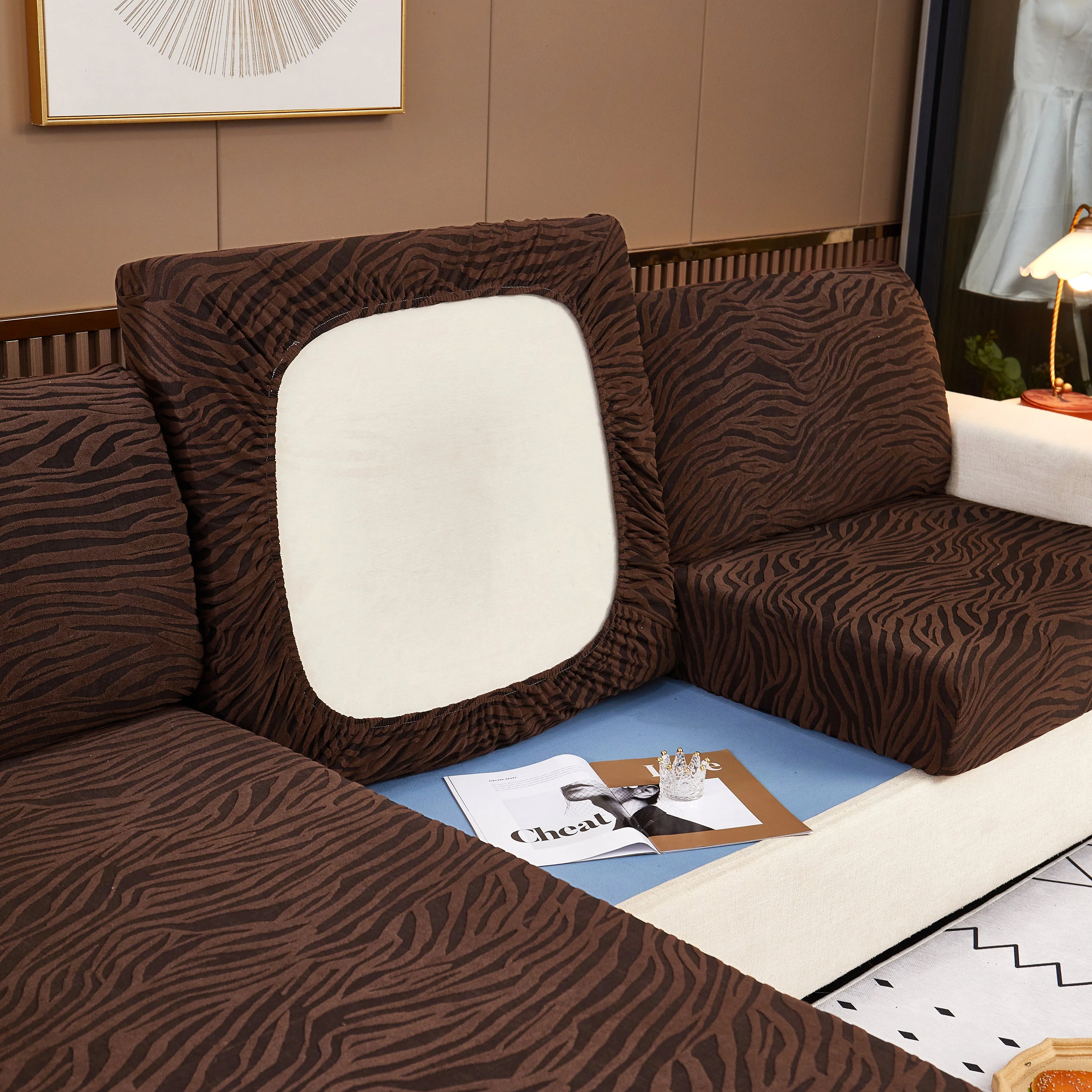 Striped Jacquard Fleece Furniture Covers Stretchable Non-Slip Cushion Covers for L-Shaped Couch, Pets - Image 19