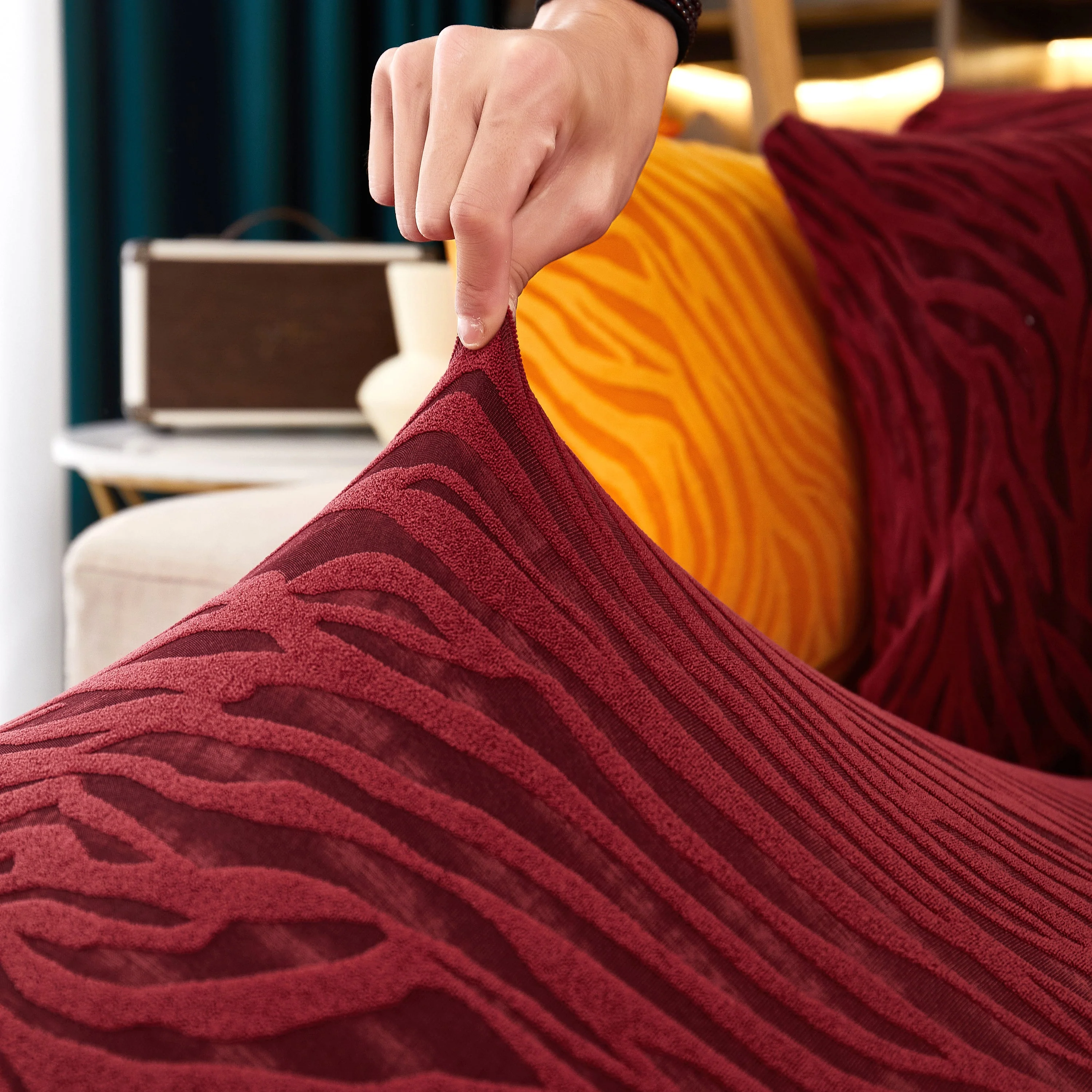 Striped Jacquard Fleece Furniture Covers Stretchable Non-Slip Cushion Covers for L-Shaped Couch, Pets - Image 2