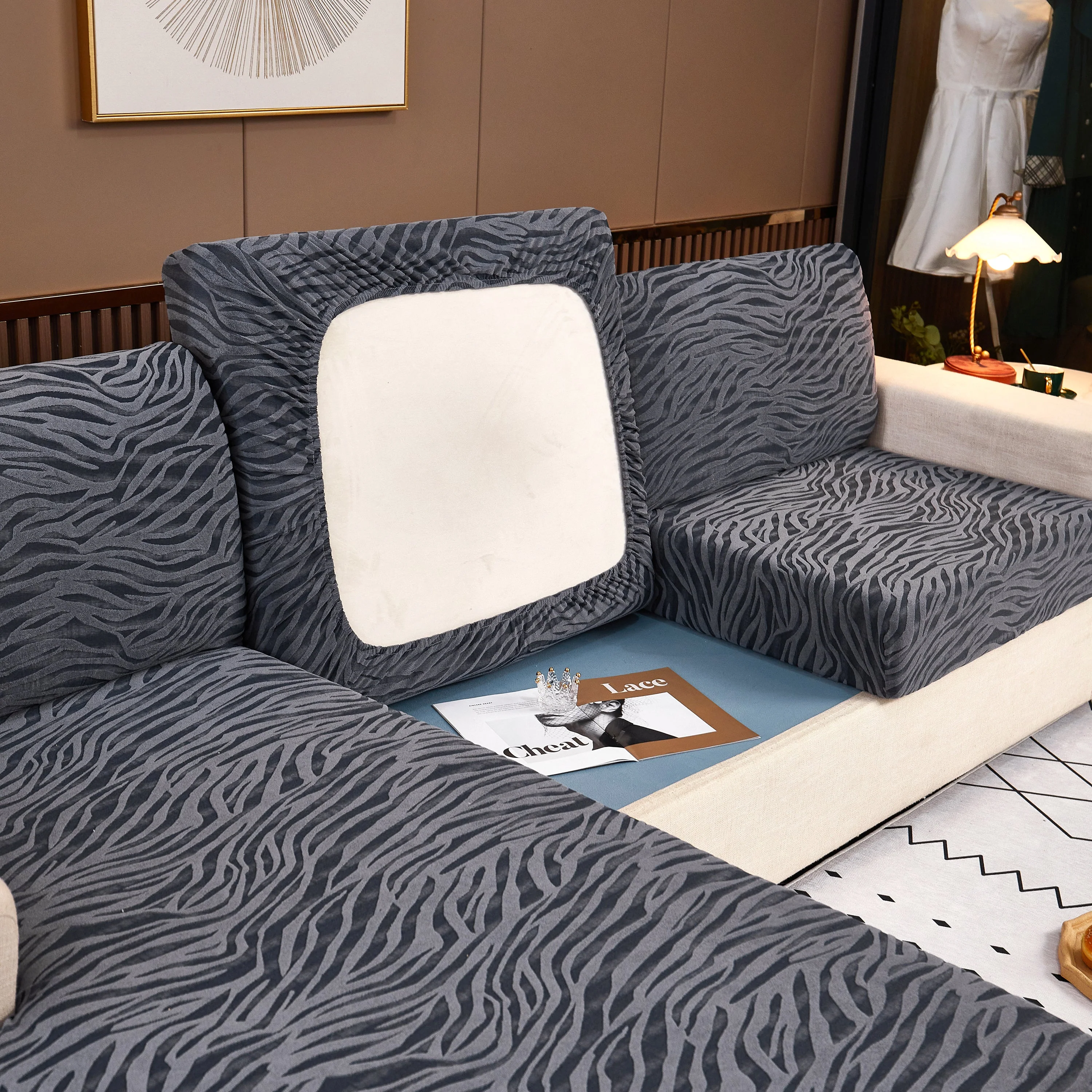 Striped Jacquard Fleece Furniture Covers Stretchable Non-Slip Cushion Covers for L-Shaped Couch, Pets - Image 20