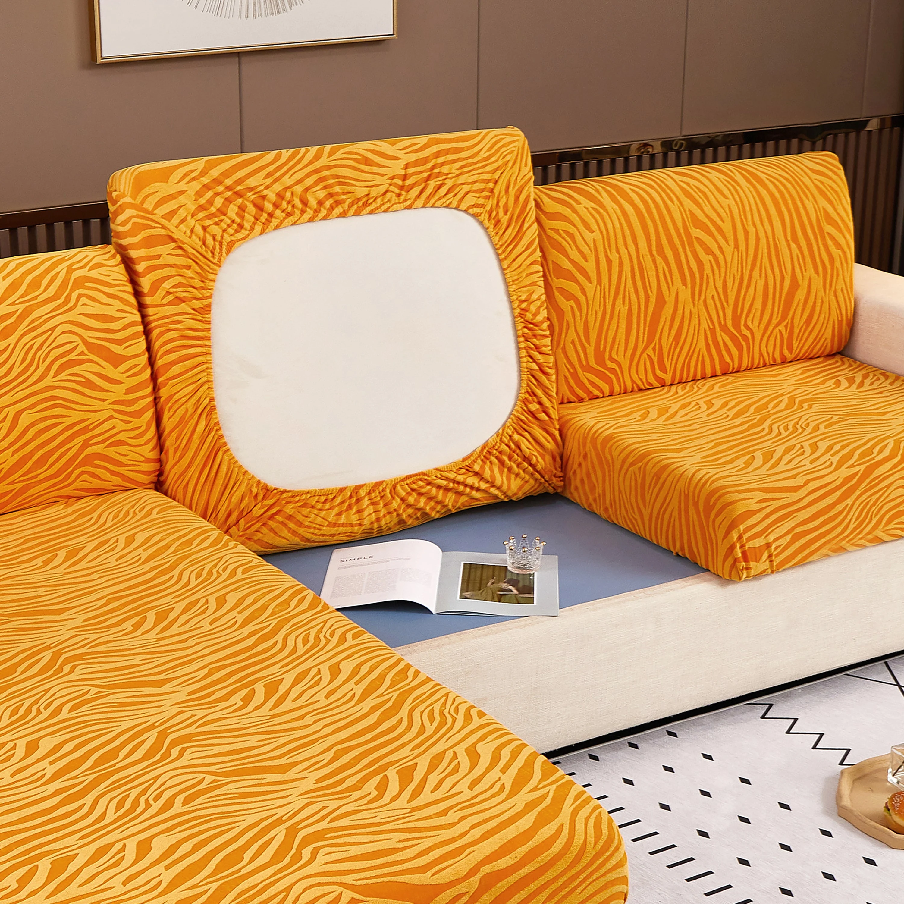 Striped Jacquard Fleece Furniture Covers Stretchable Non-Slip Cushion Covers for L-Shaped Couch, Pets - Image 22