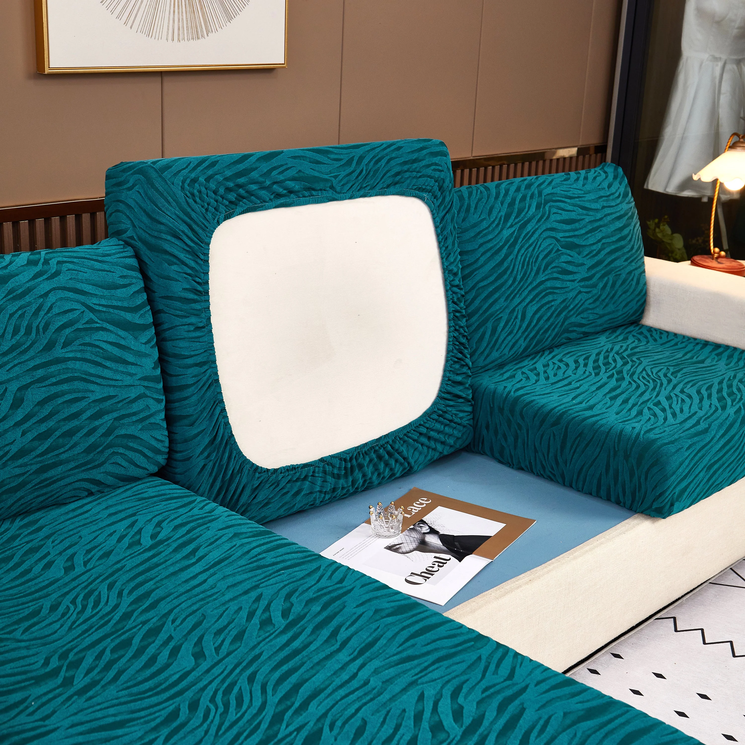Striped Jacquard Fleece Furniture Covers Stretchable Non-Slip Cushion Covers for L-Shaped Couch, Pets - Image 23