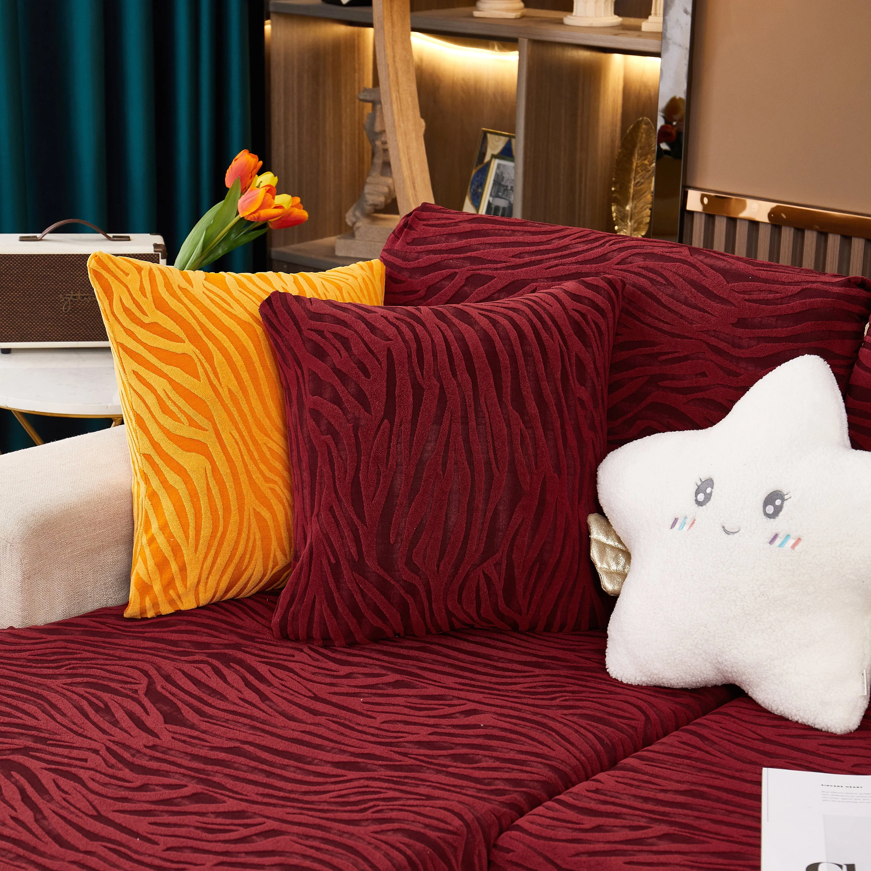 Striped Jacquard Fleece Furniture Covers Stretchable Non-Slip Cushion Covers for L-Shaped Couch, Pets - Image 3