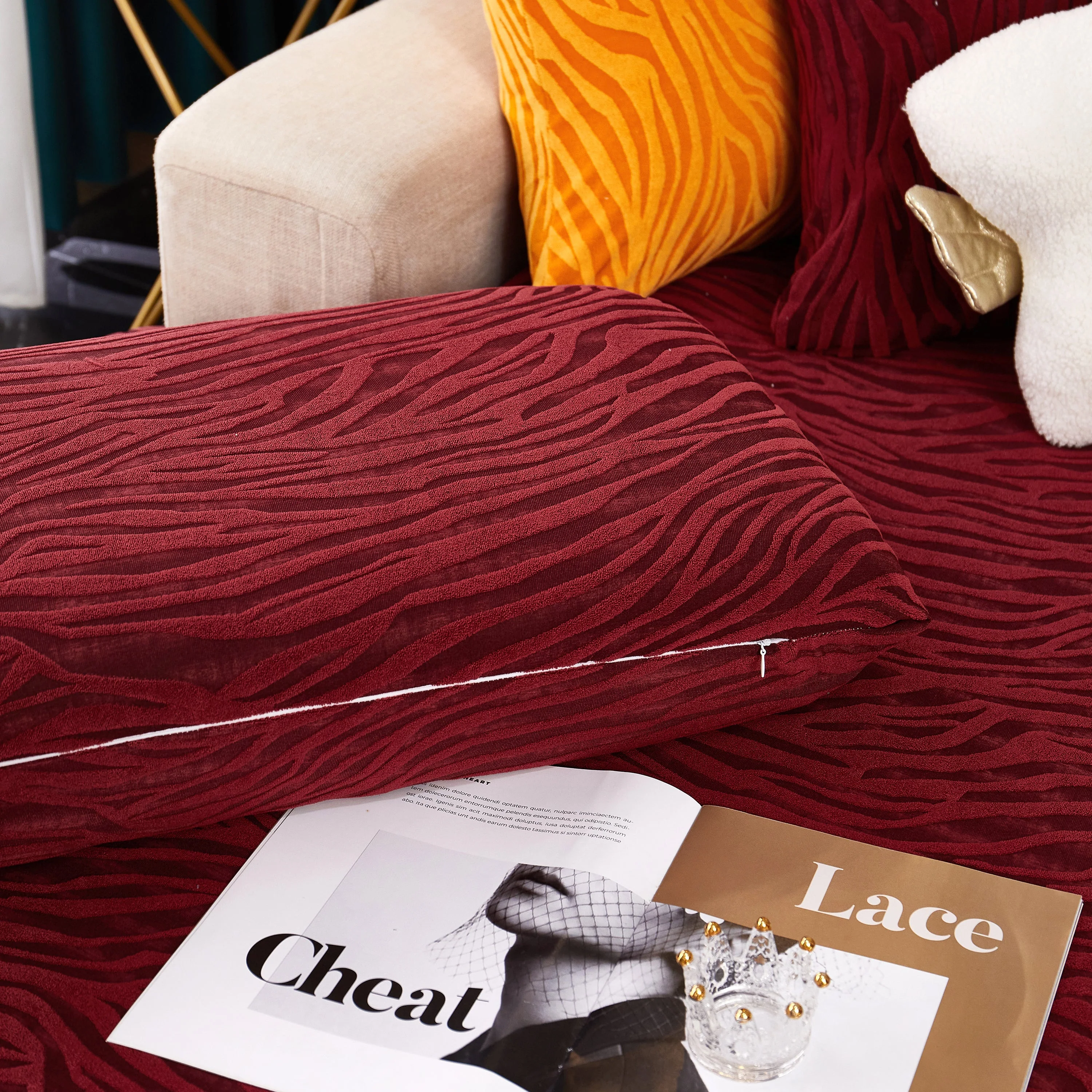 Striped Jacquard Fleece Furniture Covers Stretchable Non-Slip Cushion Covers for L-Shaped Couch, Pets - Image 4