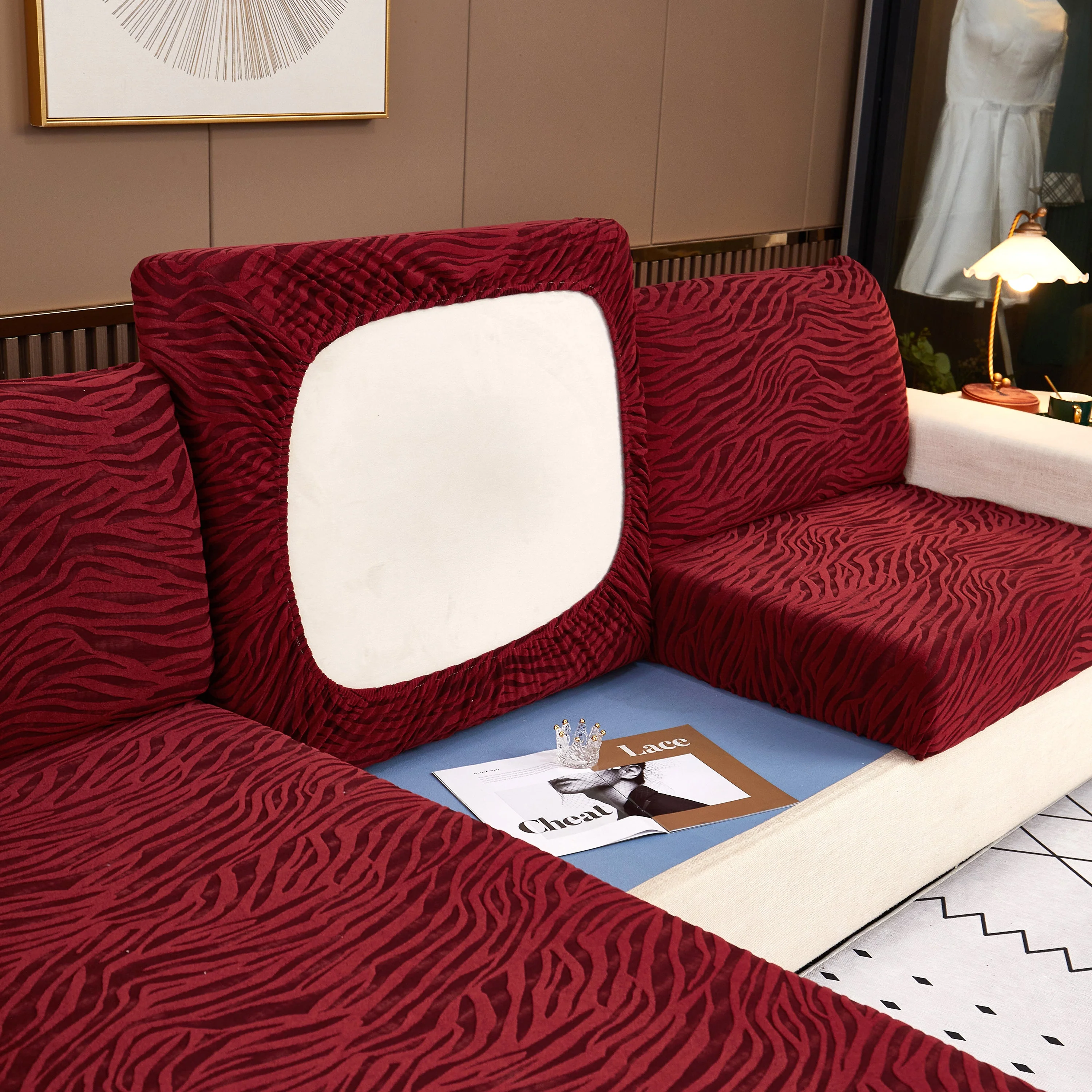 Striped Jacquard Fleece Furniture Covers Stretchable Non-Slip Cushion Covers for L-Shaped Couch, Pets - Image 6