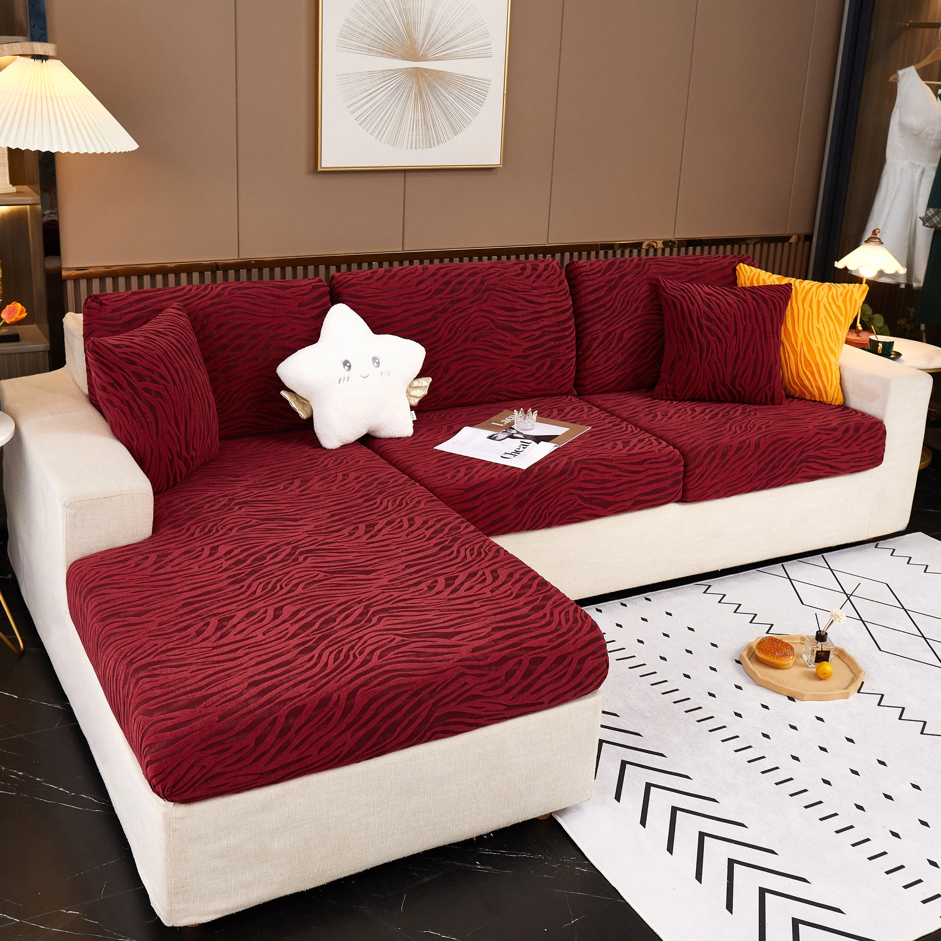 Striped Jacquard Fleece Furniture Covers Stretchable Non-Slip Cushion Covers for L-Shaped Couch, Pets - Image 7
