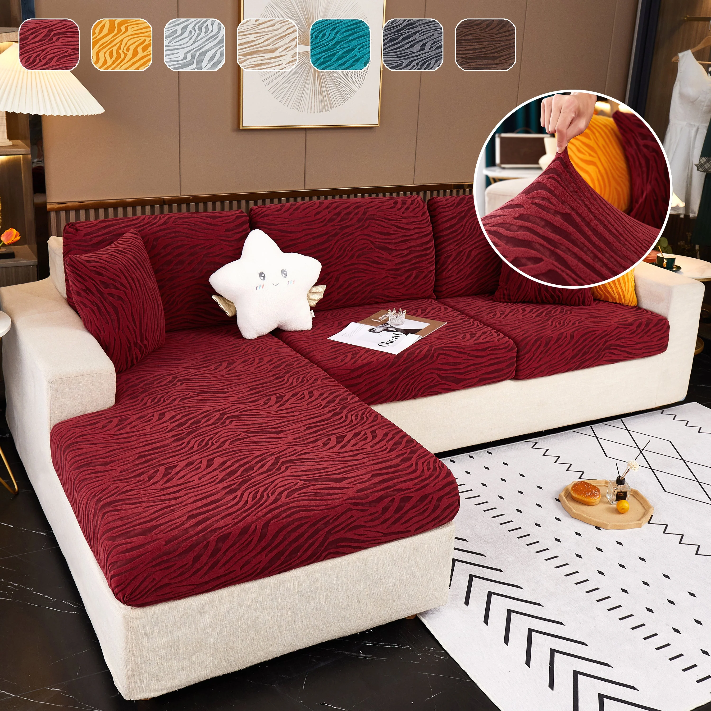 Striped Jacquard Fleece Furniture Covers Stretchable Non-Slip Cushion Covers for L-Shaped Couch, Pets - Image 8