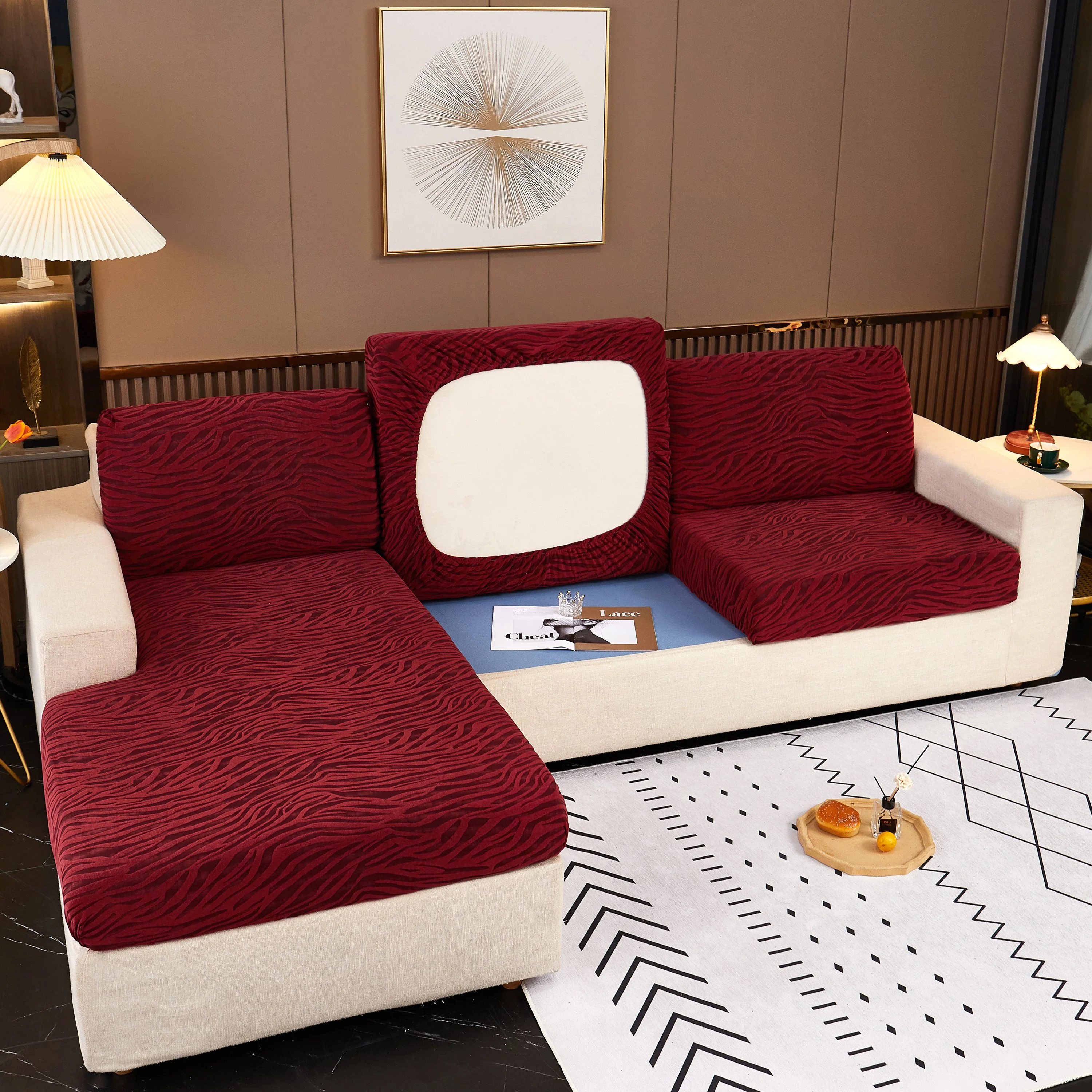Striped Jacquard Fleece Furniture Covers Stretchable Non-Slip Cushion Covers for L-Shaped Couch, Pets - Image 9
