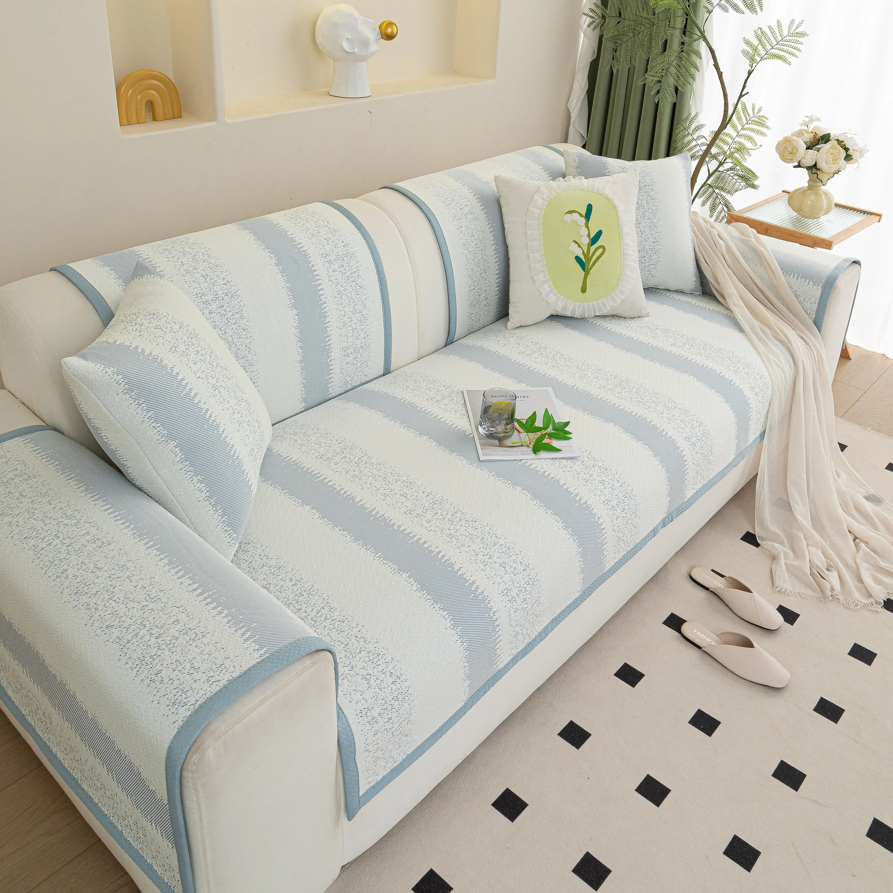 Striped Non-Slip Cooling Couch Cover, Summer Couch Pads for Seat Back Armrest - Image 38