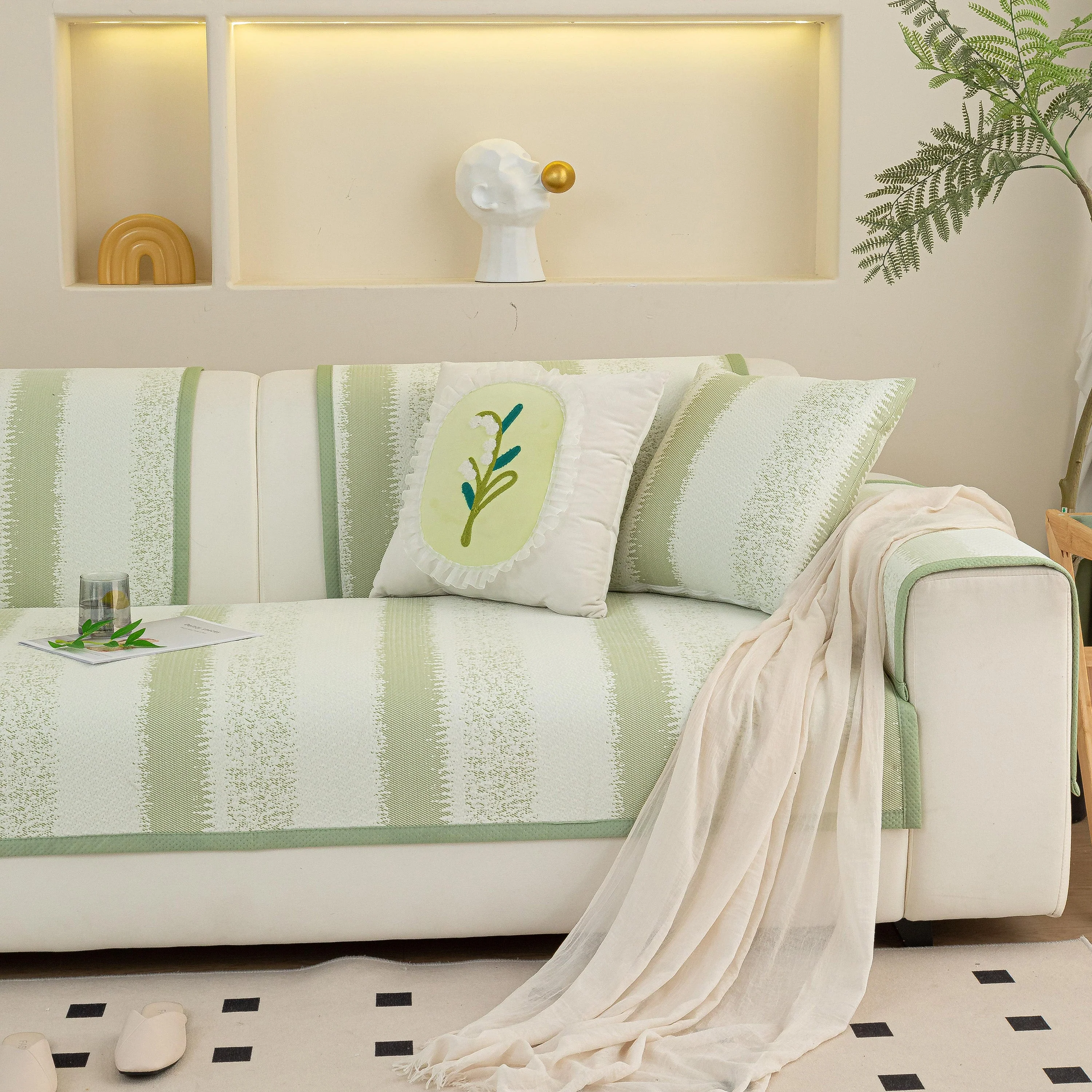 Striped Non-Slip Cooling Couch Cover, Summer Couch Pads for Seat Back Armrest - Image 55