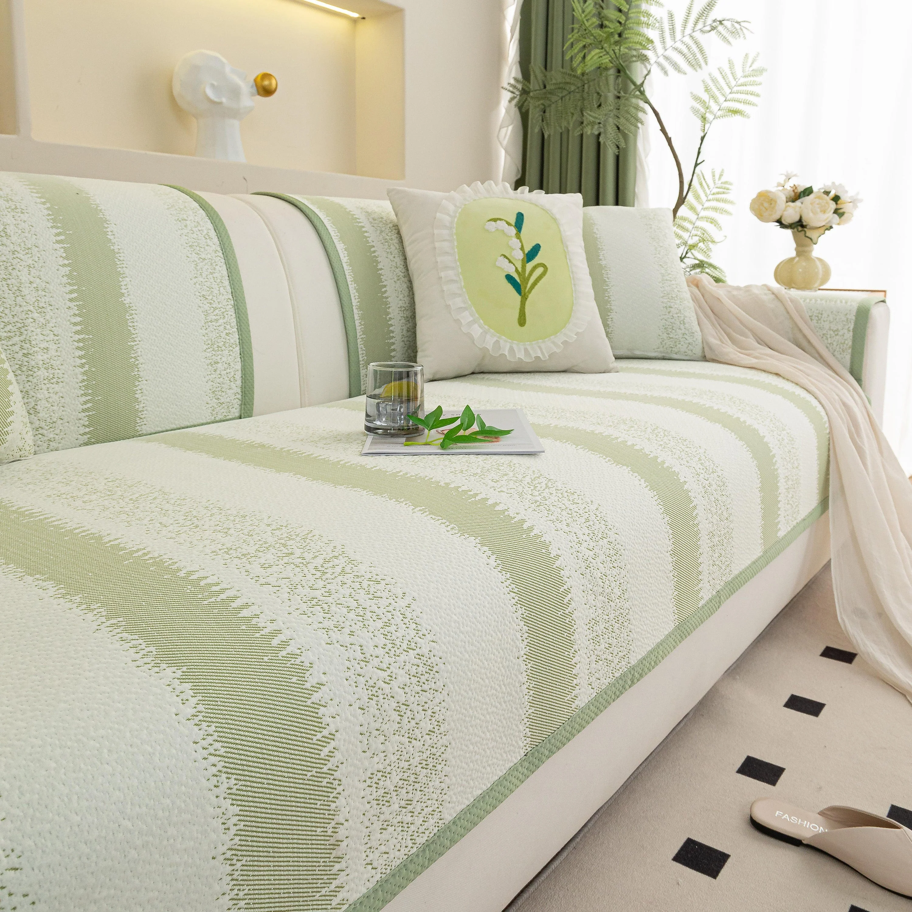 Striped Non-Slip Cooling Couch Cover, Summer Couch Pads for Seat Back Armrest - Image 57