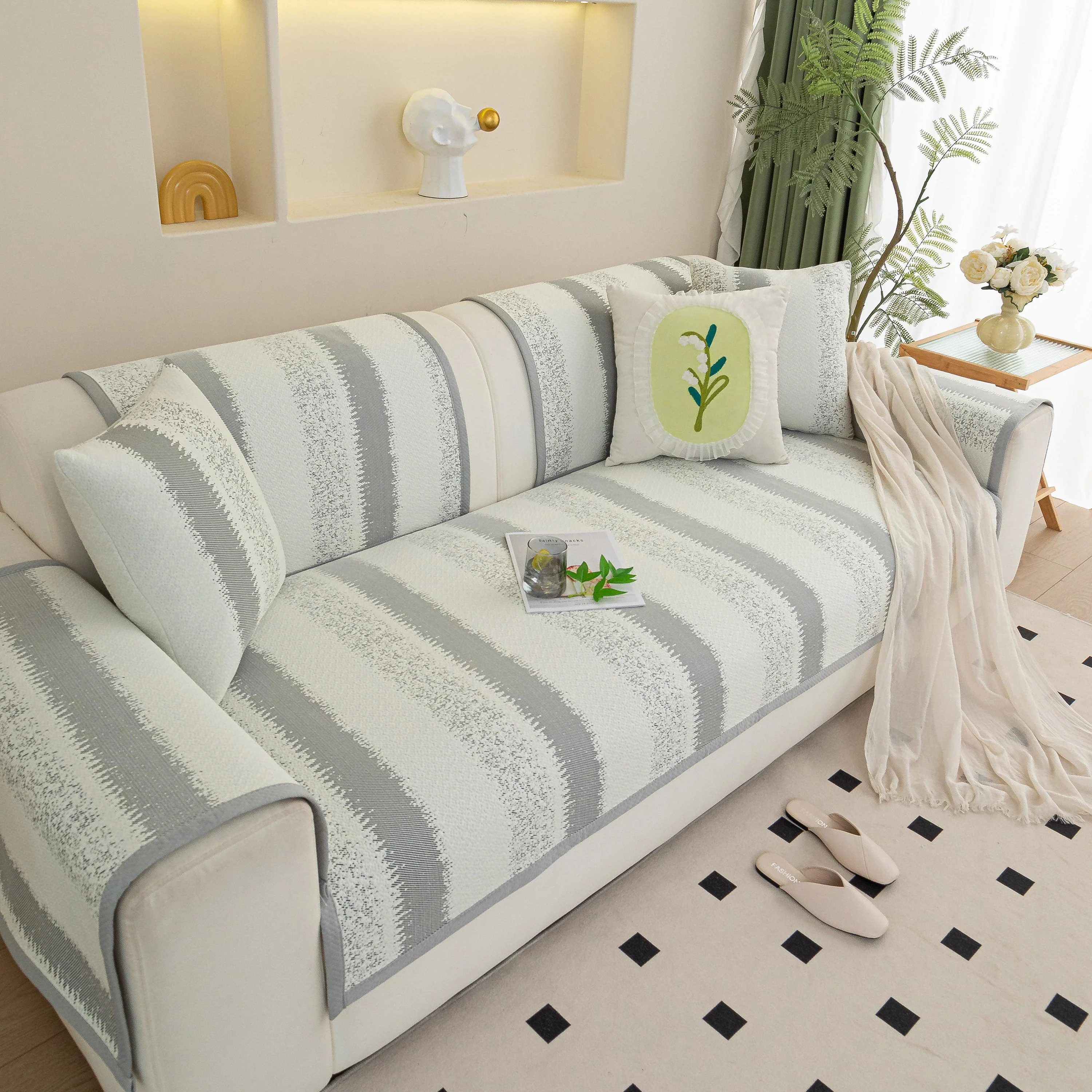 Striped Non-Slip Cooling Couch Cover, Summer Couch Pads for Seat Back Armrest - Image 71