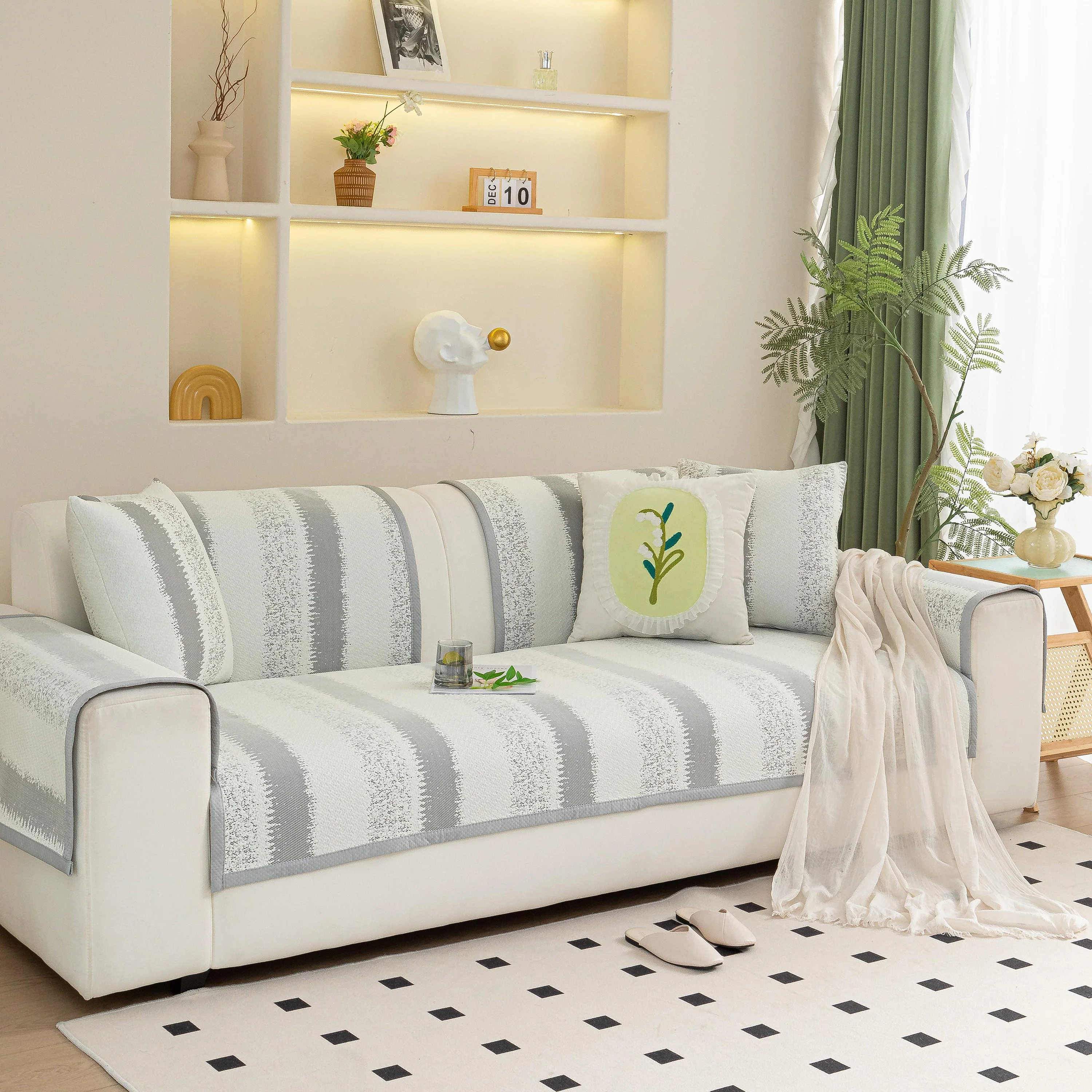Striped Non-Slip Cooling Couch Cover, Summer Couch Pads for Seat Back Armrest - Image 72