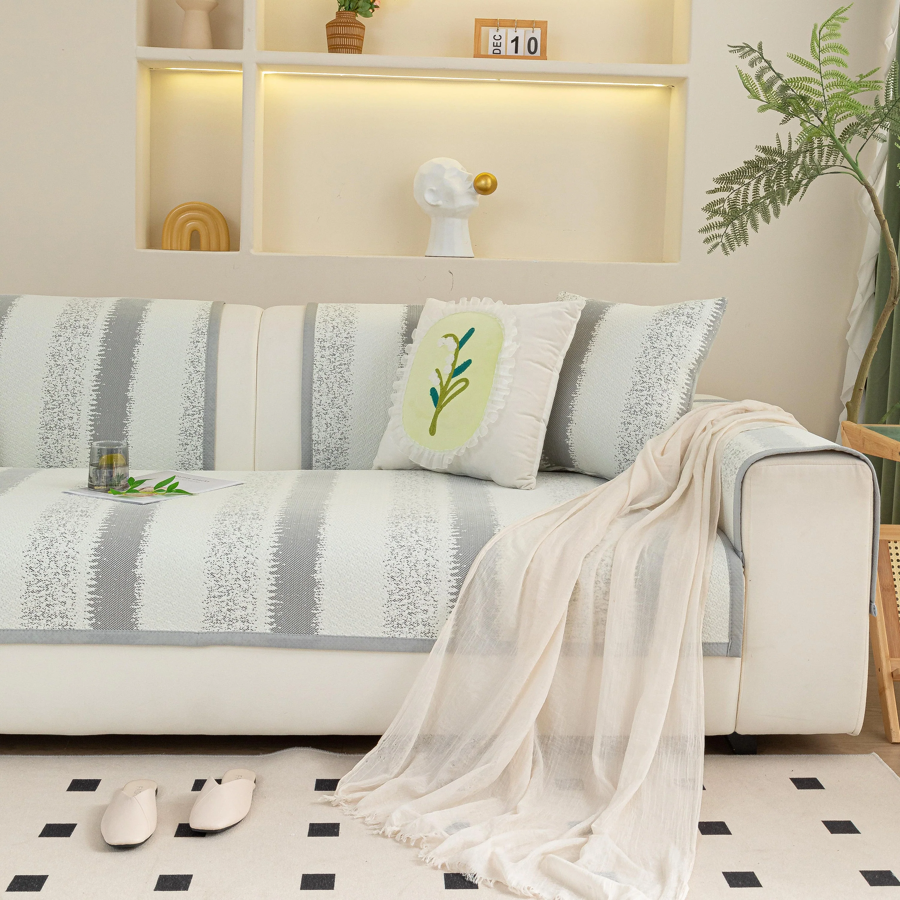 Striped Non-Slip Cooling Couch Cover, Summer Couch Pads for Seat Back Armrest - Image 73