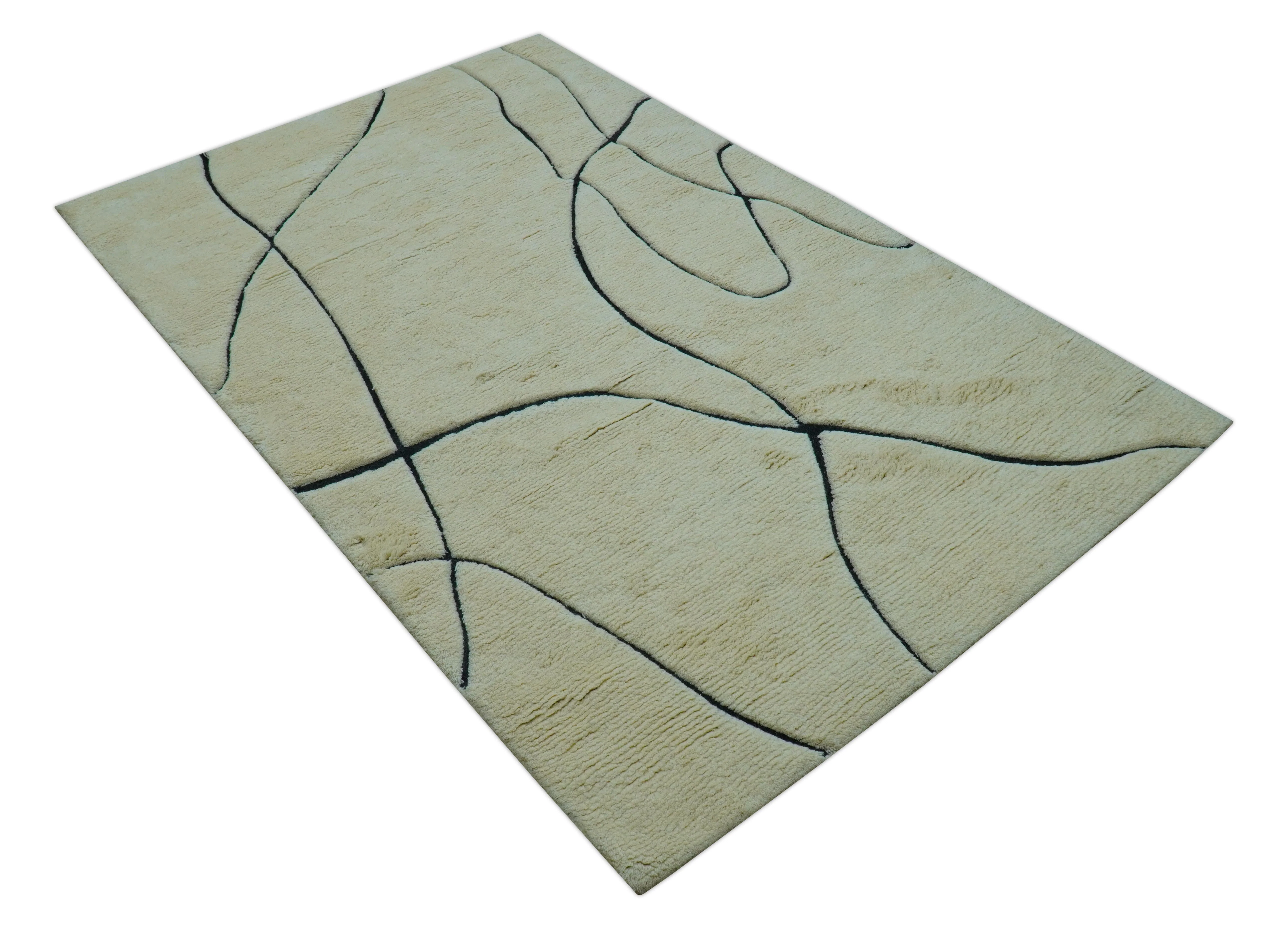 Strokes Custom Made Contemporary Cream Hand Knotted Wool Rug - Image 10