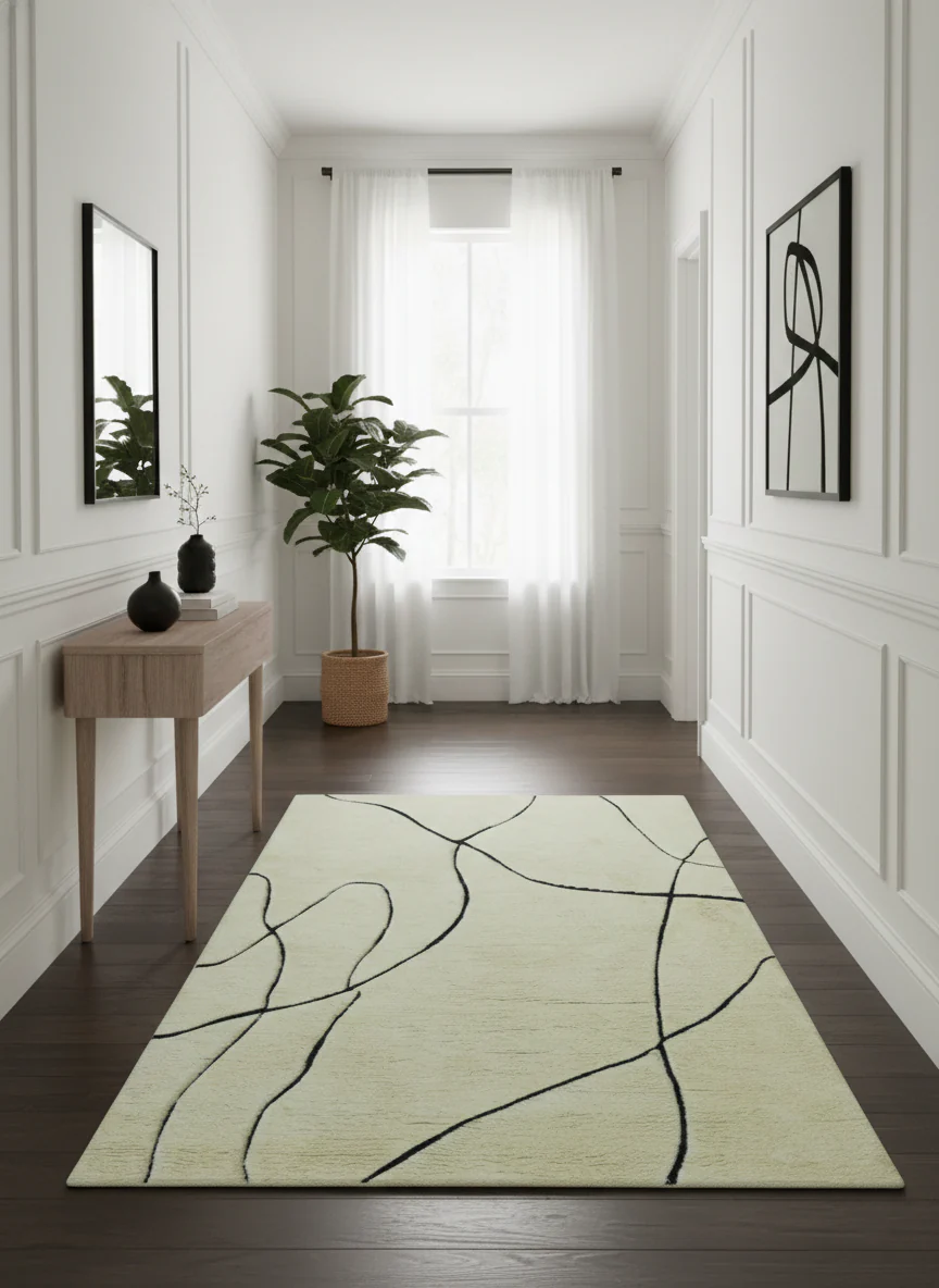 Strokes Custom Made Contemporary Cream Hand Knotted Wool Rug - Image 2