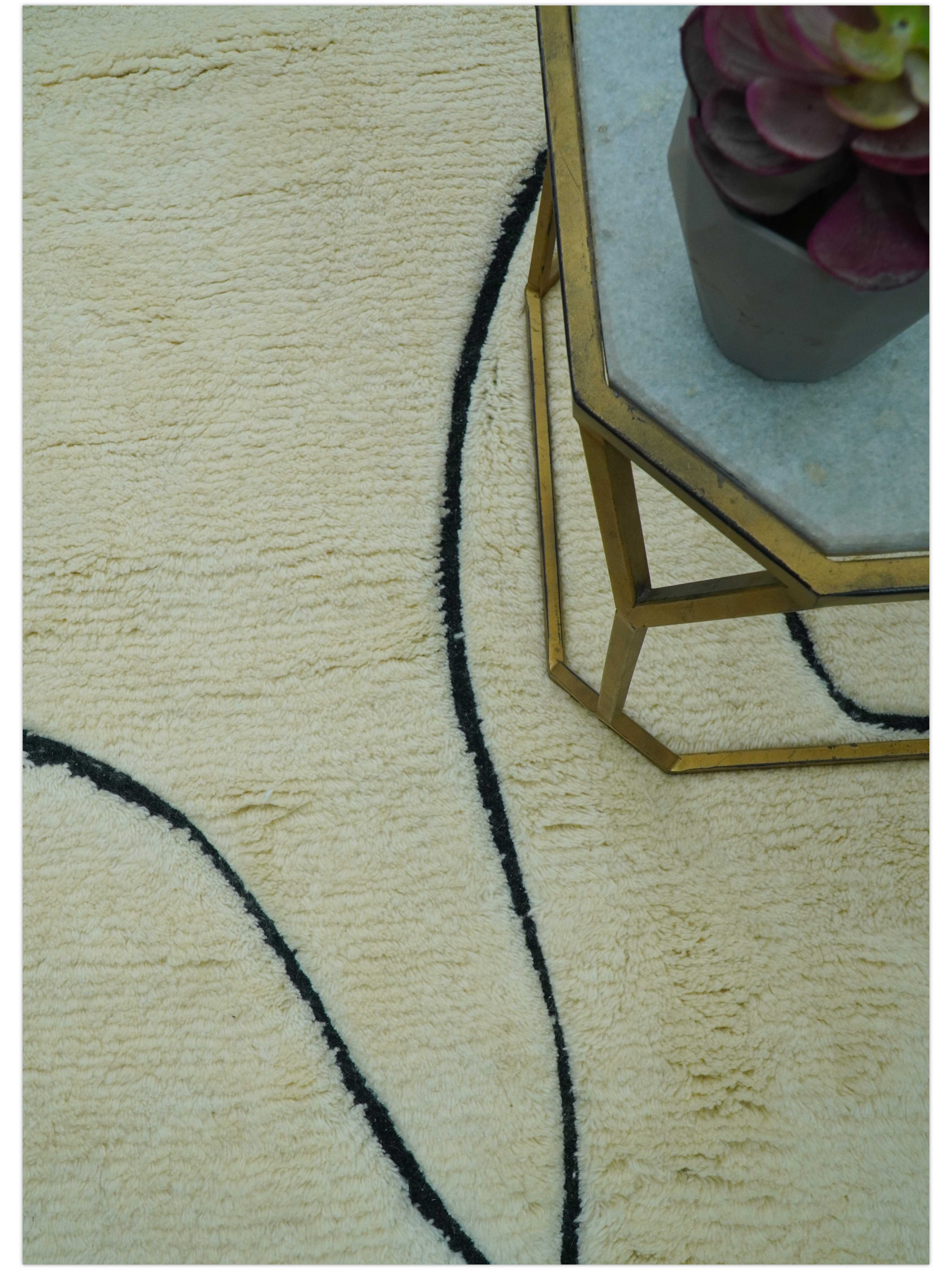 Strokes Custom Made Contemporary Cream Hand Knotted Wool Rug - Image 3