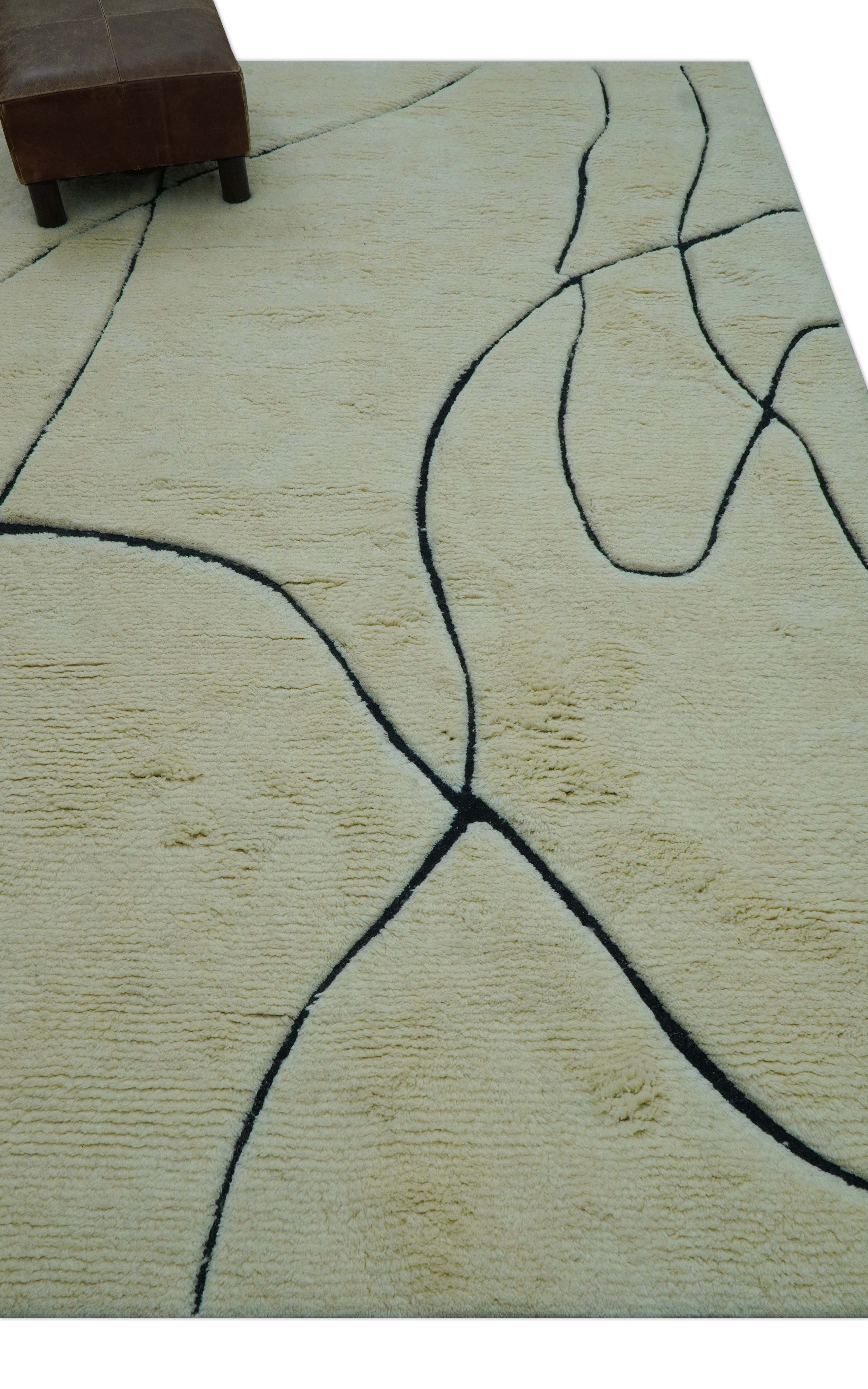 Strokes Custom Made Contemporary Cream Hand Knotted Wool Rug - Image 4