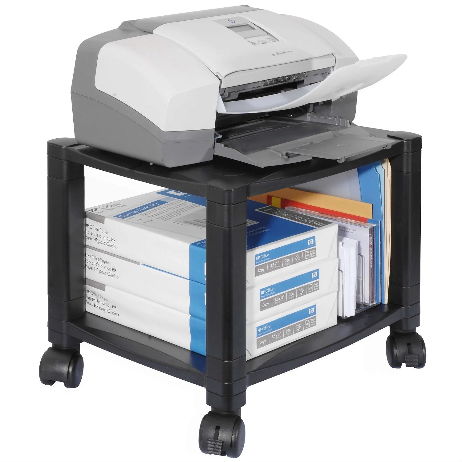 Sturdy 2-Shelf Mobile Printer Stand Cart in Black with Locking Casters - Image 2