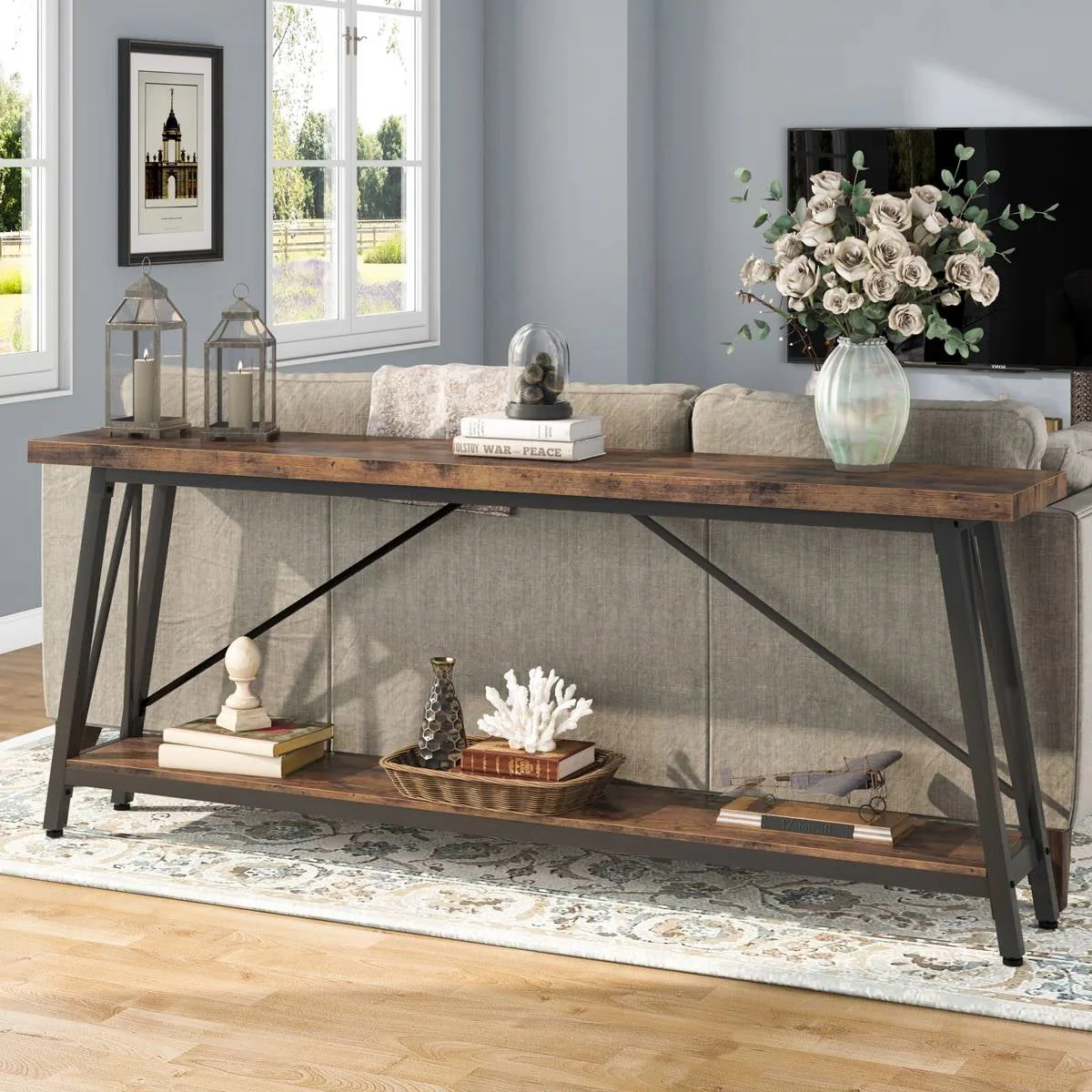 Sturdy 70-inch Industrial Brown Wood Top Console Table with Black Metal Frame - Image 2