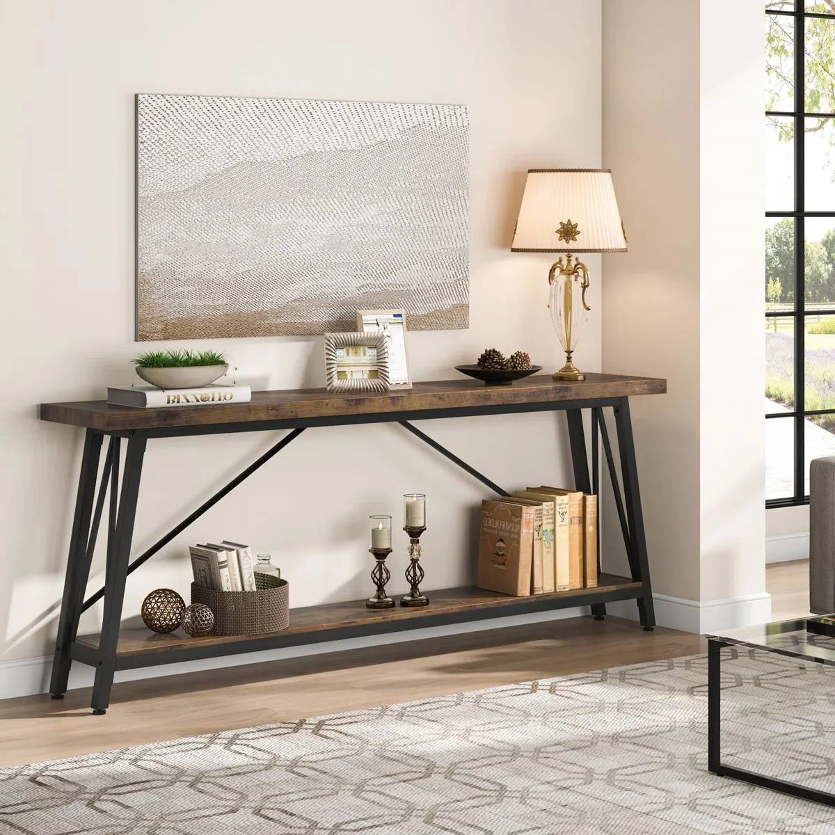 Sturdy 70-inch Industrial Brown Wood Top Console Table with Black Metal Frame - Image 3