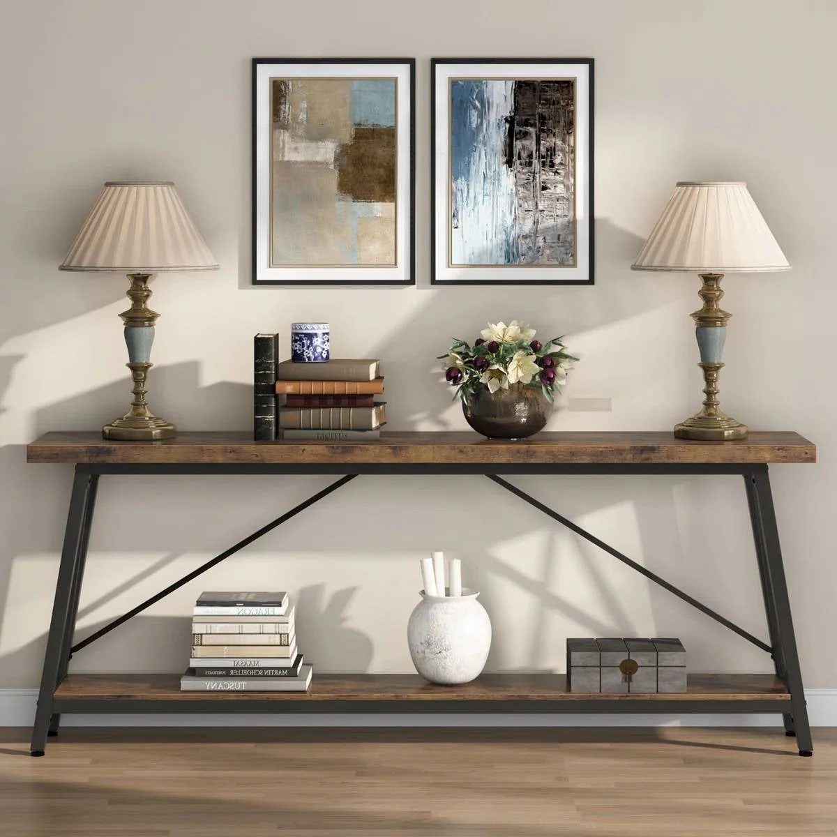 Sturdy 70-inch Industrial Brown Wood Top Console Table with Black Metal Frame - Image 4
