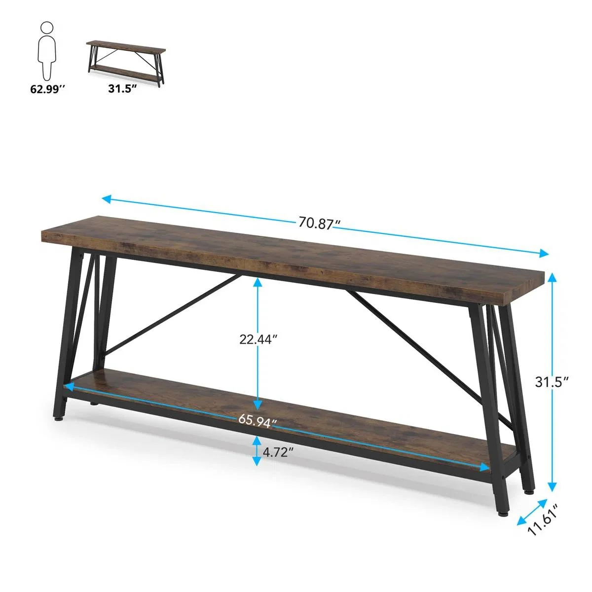 Sturdy 70-inch Industrial Brown Wood Top Console Table with Black Metal Frame - Image 5