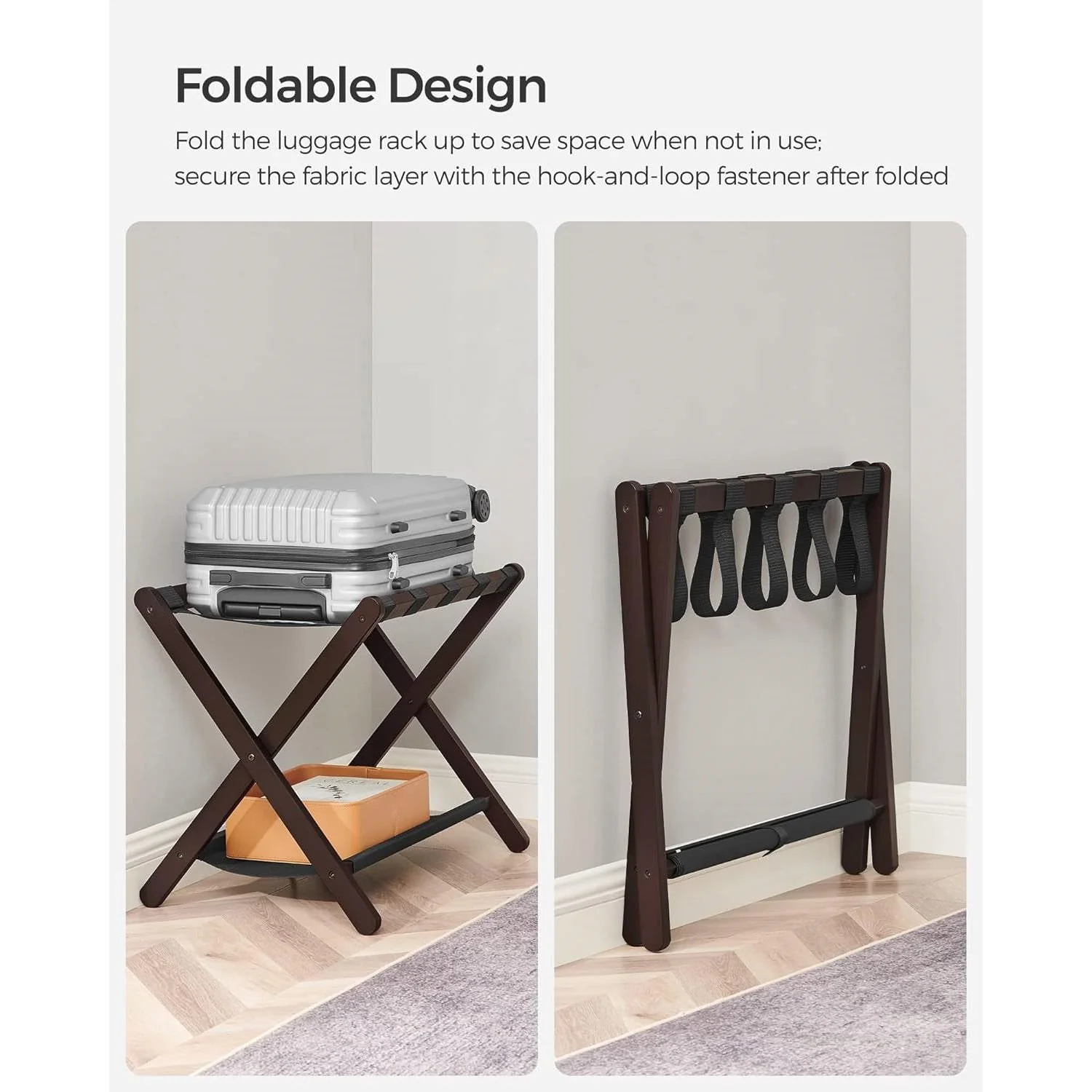 Sturdy Bamboo Luggage Rack in Chestnut Brown Wood Finish with Lower Shelf - Image 3