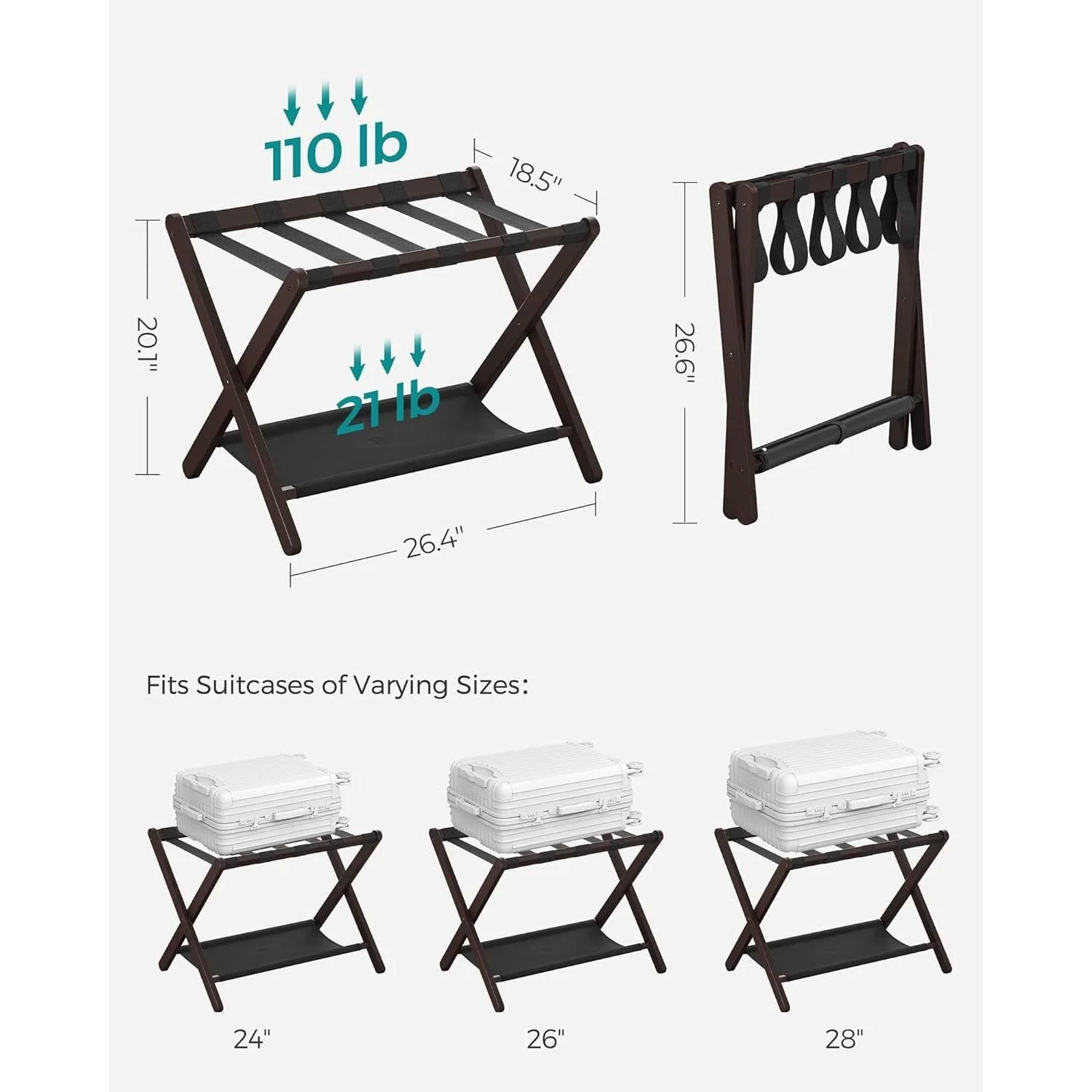 Sturdy Bamboo Luggage Rack in Chestnut Brown Wood Finish with Lower Shelf - Image 5