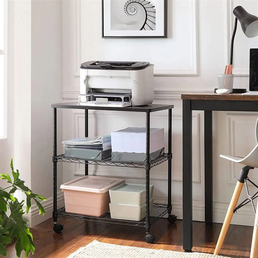 Sturdy Black Metal Wood Printer Stand Cart with 2-Shelves and Locking Casters - Image 2