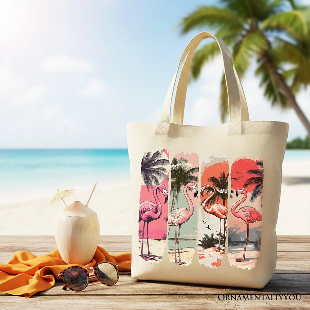Summer Flamingo Beach Canvas Tote Bag, Retro Vacation Tropical Sunset Gift Shopper - Image 4