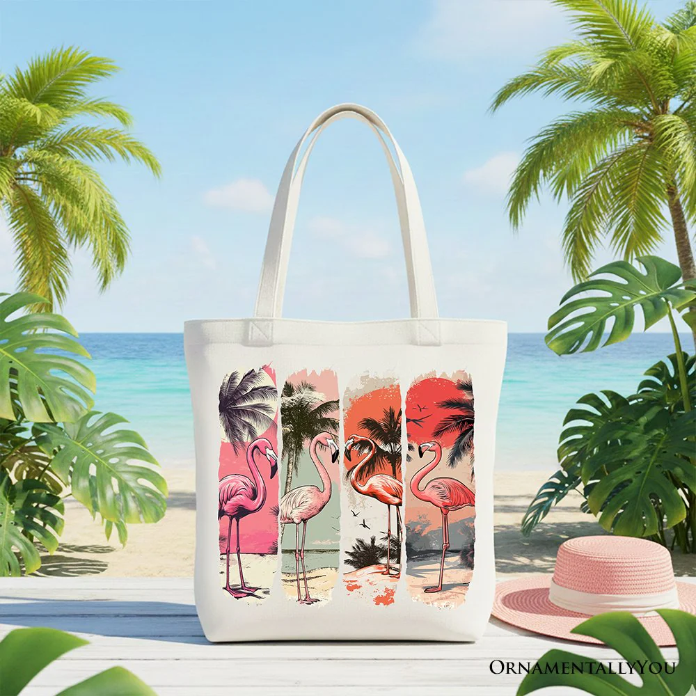 Summer Flamingo Beach Canvas Tote Bag, Retro Vacation Tropical Sunset Gift Shopper - Image 5