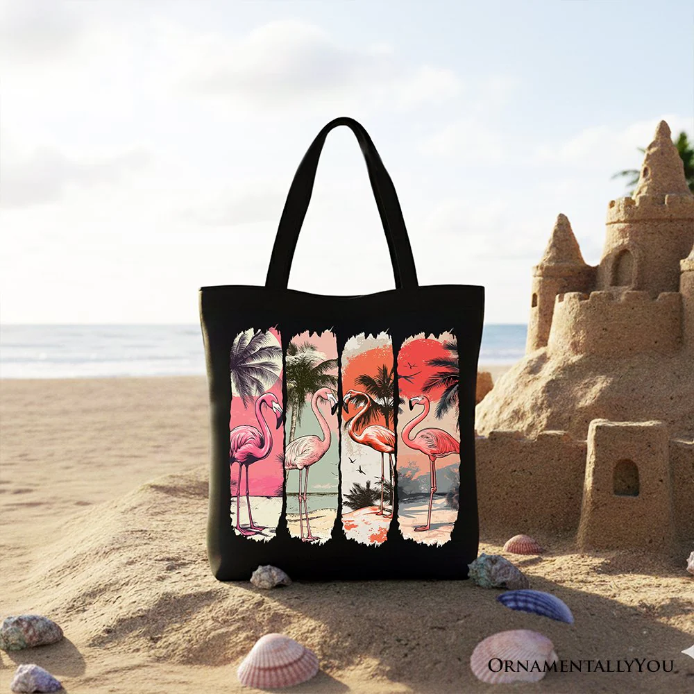 Summer Flamingo Beach Canvas Tote Bag, Retro Vacation Tropical Sunset Gift Shopper - Image 6