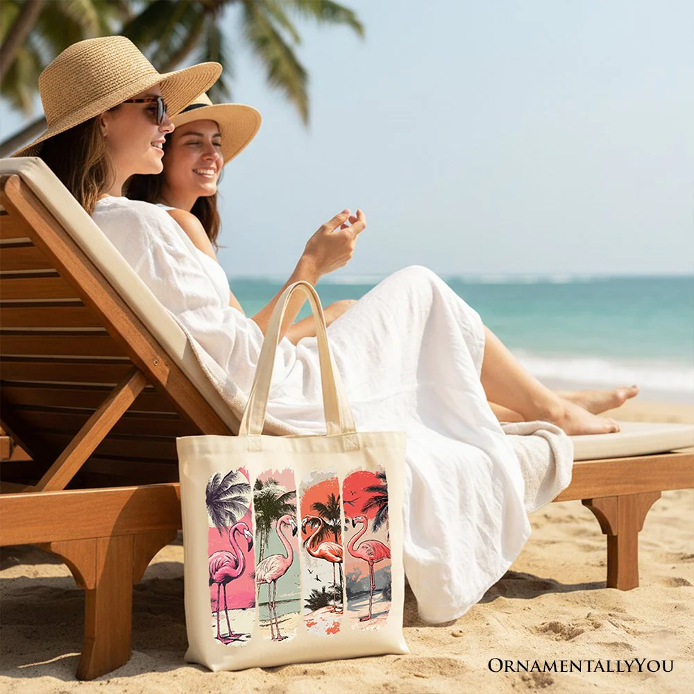 Summer Flamingo Beach Canvas Tote Bag, Retro Vacation Tropical Sunset Gift Shopper - Image 8