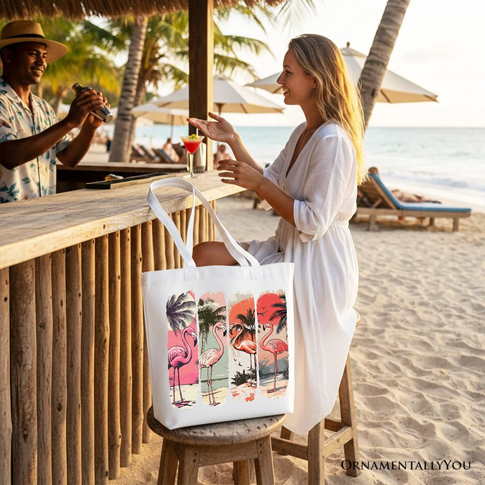 Summer Flamingo Beach Canvas Tote Bag, Retro Vacation Tropical Sunset Gift Shopper - Image 9