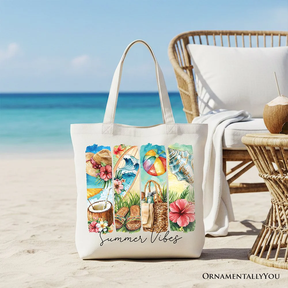 Summer Vibes Canvas Tote Bag, Beach Gift Shopper with Coconut and Flowers - Image 6