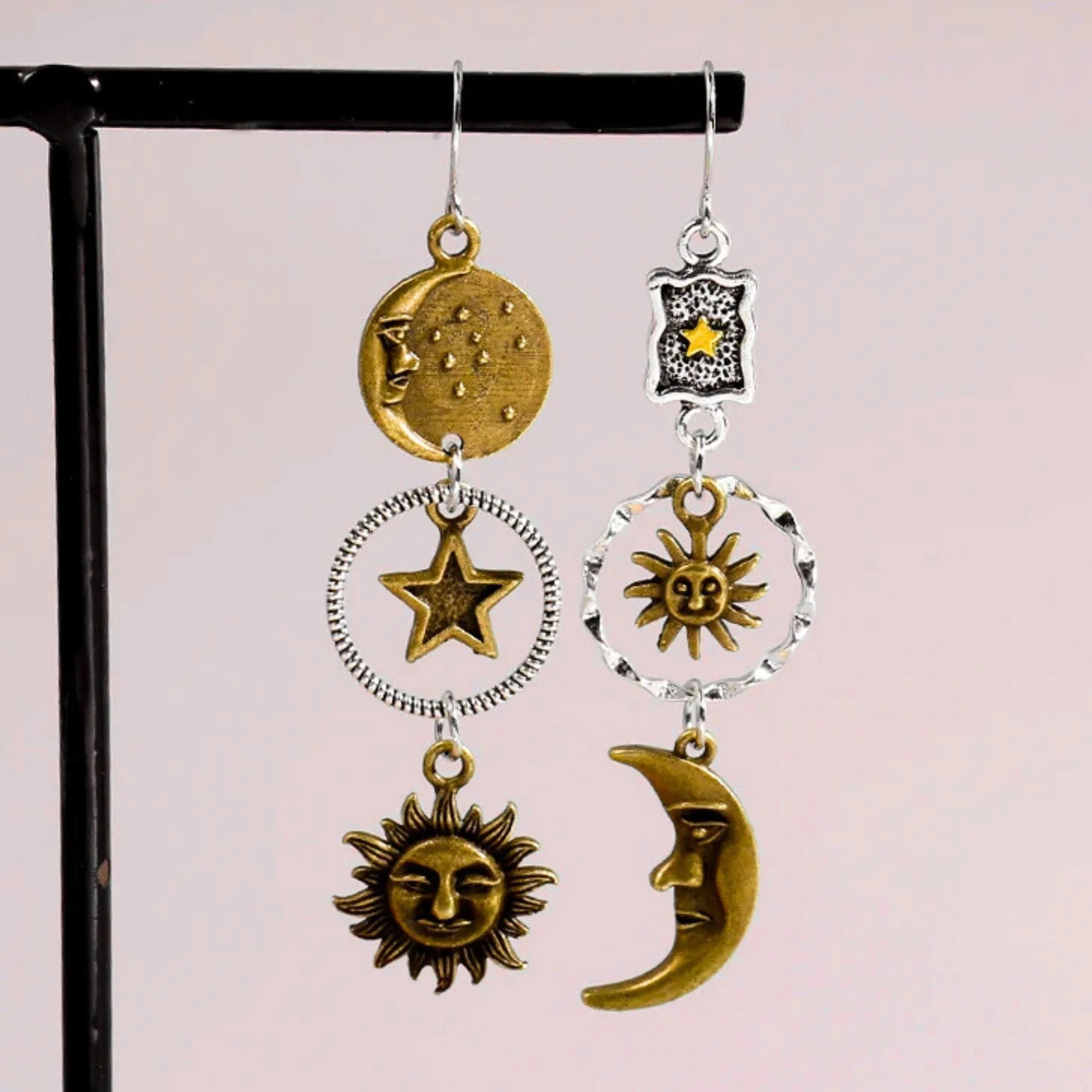Sun and Moon Celestial Charm Earrings | Dangle Earrings 2.75" Long Boho Jewelry - Image 2