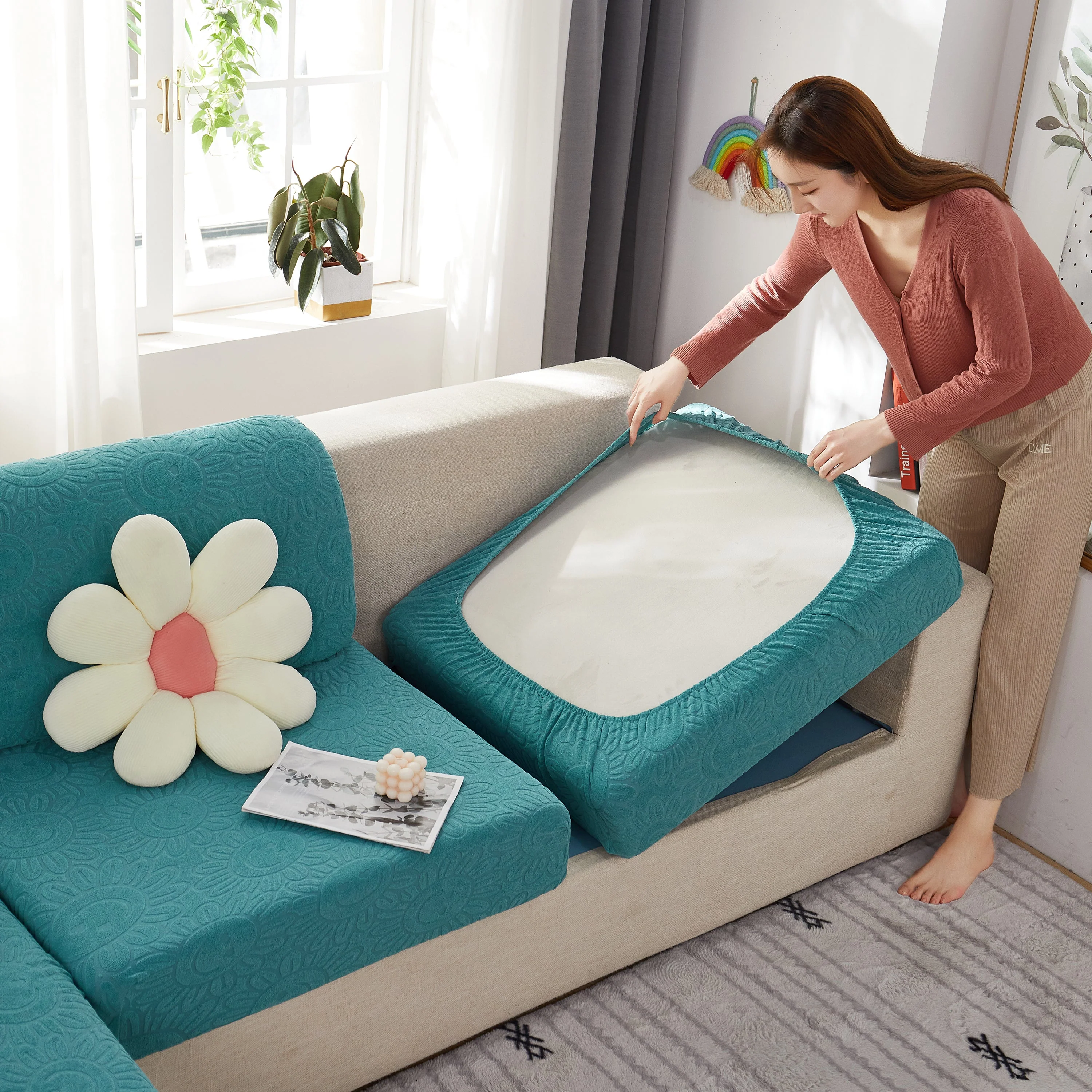 Sunflower Jacquard Fleece Stretchable Cushion Cover, Non-Slip Furniture Covers for Pets, L Shaped Couch Cushion Covers - Image 10