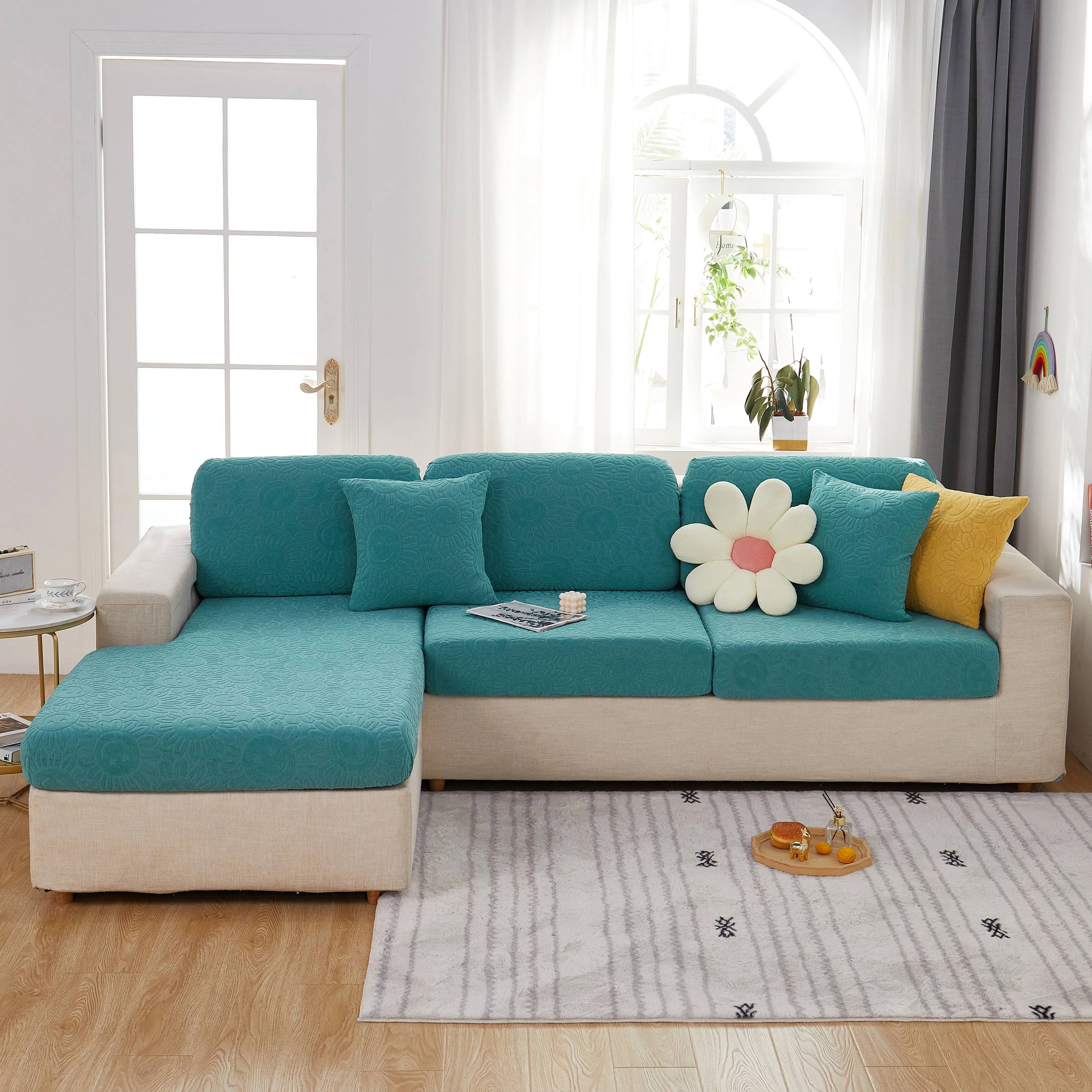 Sunflower Jacquard Fleece Stretchable Cushion Cover, Non-Slip Furniture Covers for Pets, L Shaped Couch Cushion Covers - Image 11