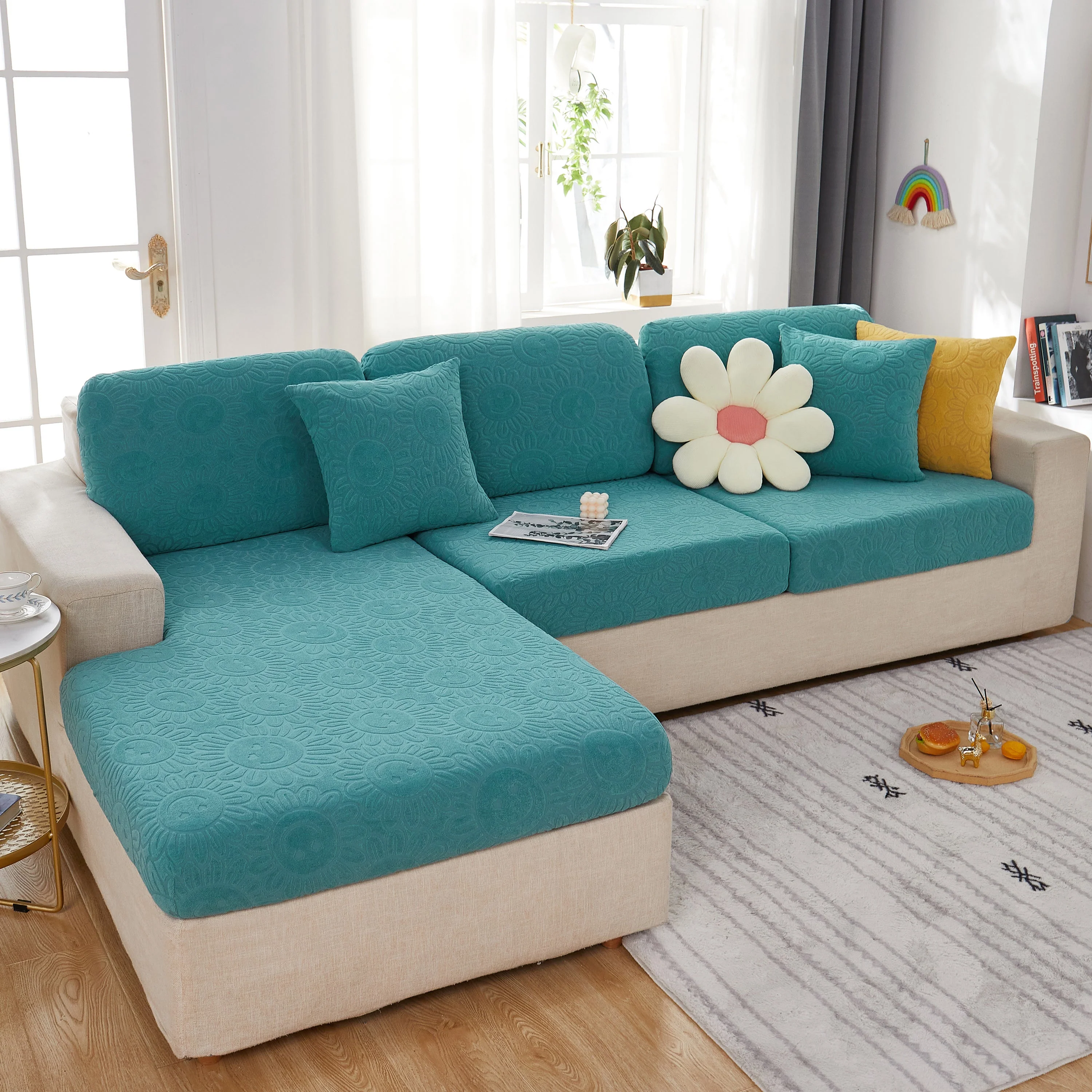 Sunflower Jacquard Fleece Stretchable Cushion Cover, Non-Slip Furniture Covers for Pets, L Shaped Couch Cushion Covers - Image 12