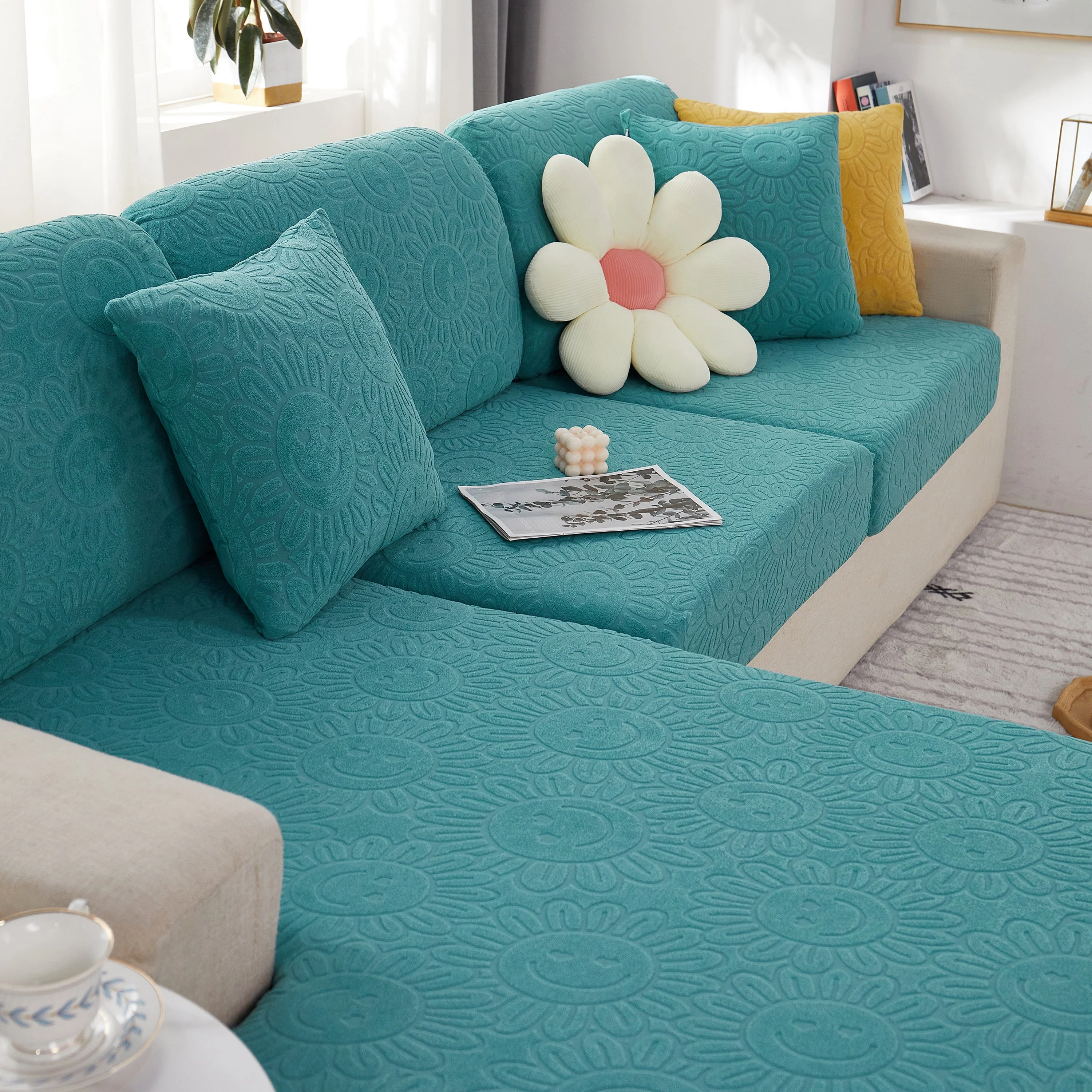 Sunflower Jacquard Fleece Stretchable Cushion Cover, Non-Slip Furniture Covers for Pets, L Shaped Couch Cushion Covers - Image 13