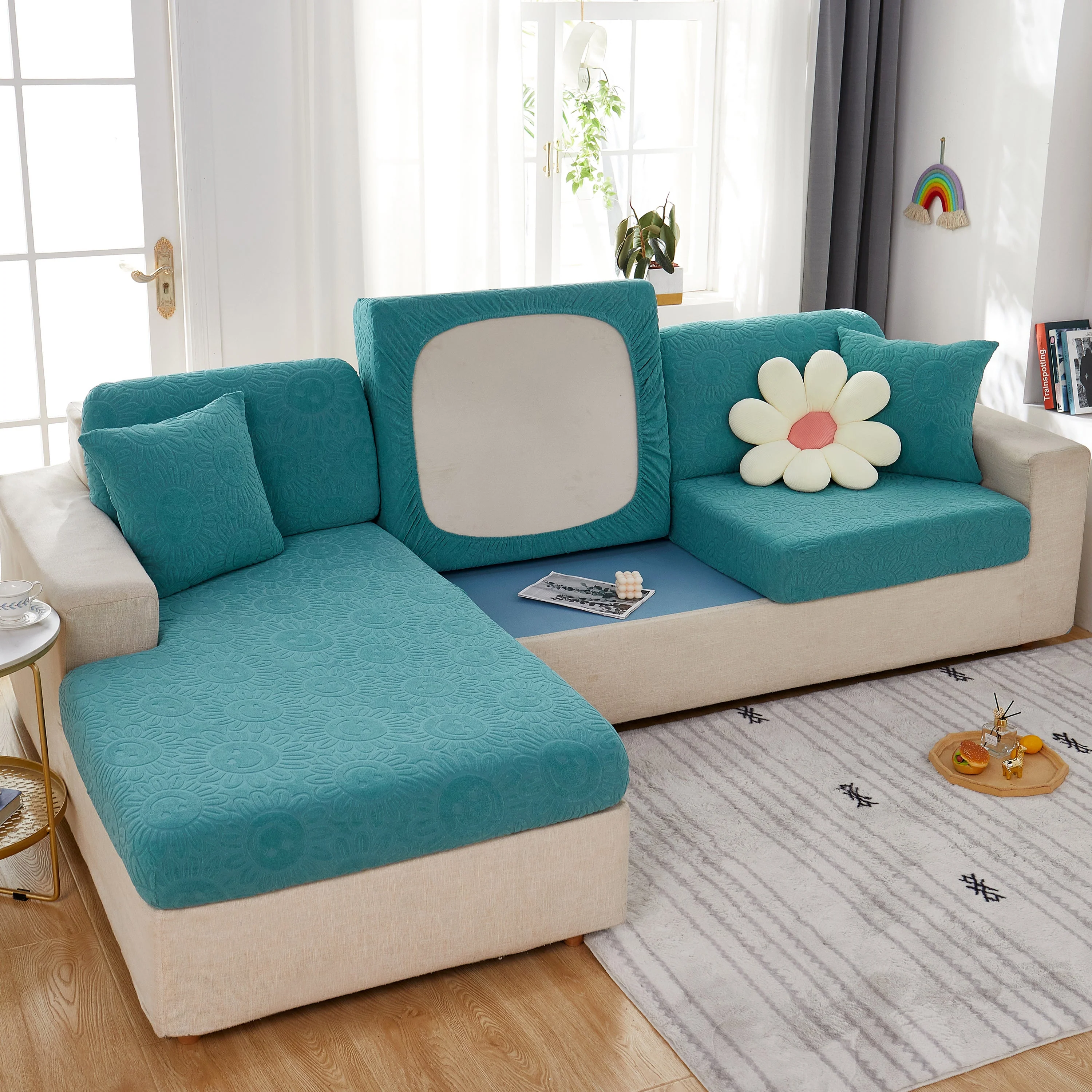 Sunflower Jacquard Fleece Stretchable Cushion Cover, Non-Slip Furniture Covers for Pets, L Shaped Couch Cushion Covers - Image 15