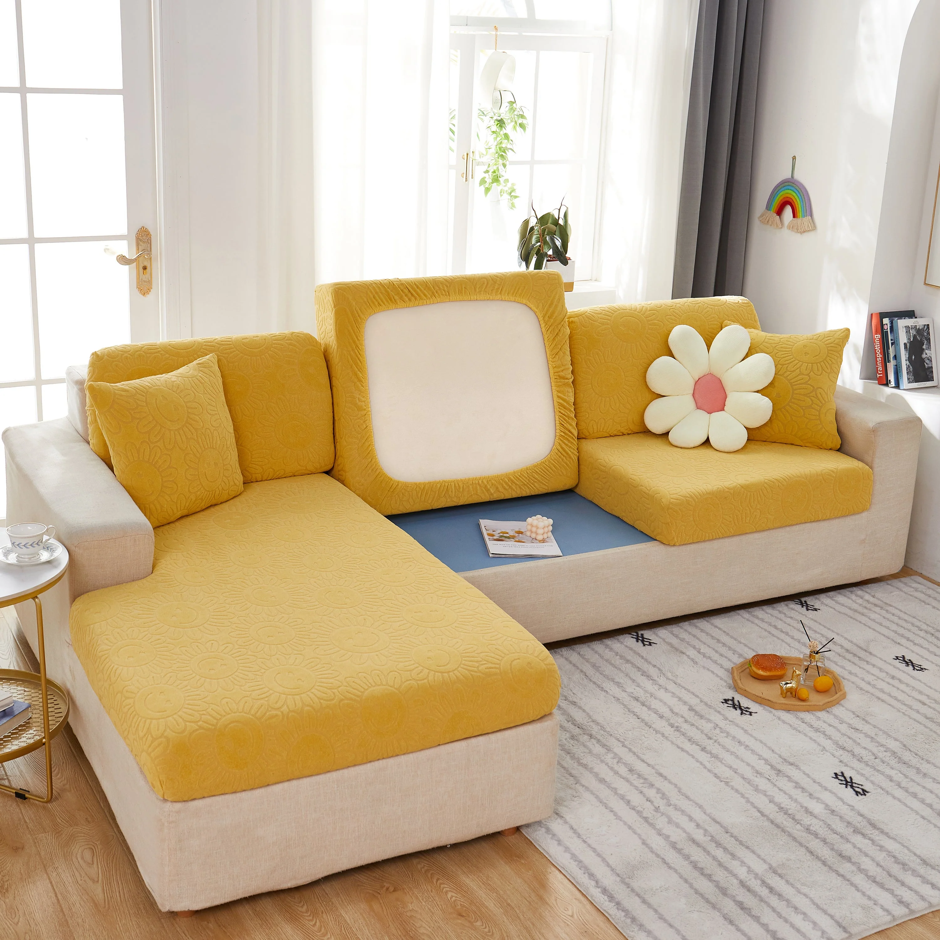 Sunflower Jacquard Fleece Stretchable Cushion Cover, Non-Slip Furniture Covers for Pets, L Shaped Couch Cushion Covers - Image 16