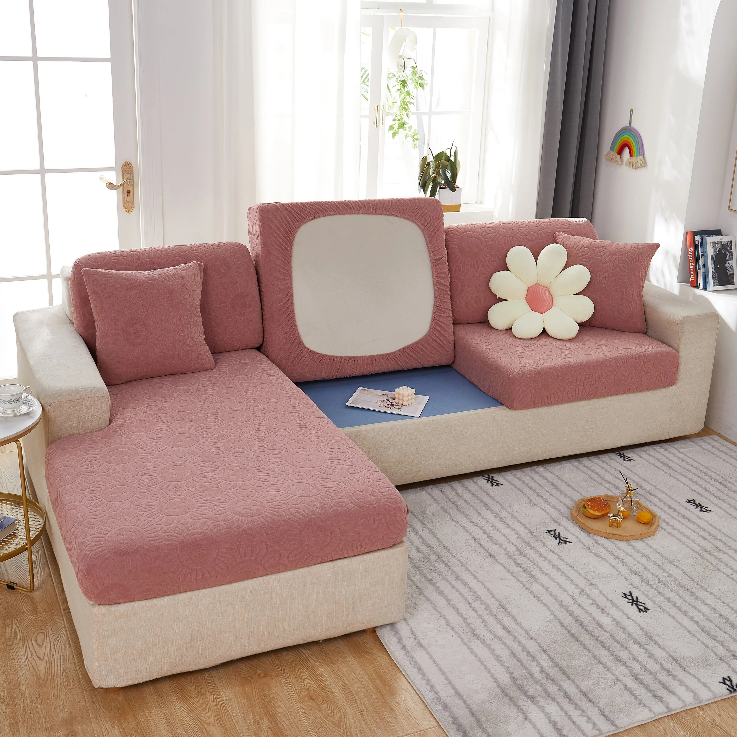 Sunflower Jacquard Fleece Stretchable Cushion Cover, Non-Slip Furniture Covers for Pets, L Shaped Couch Cushion Covers - Image 17